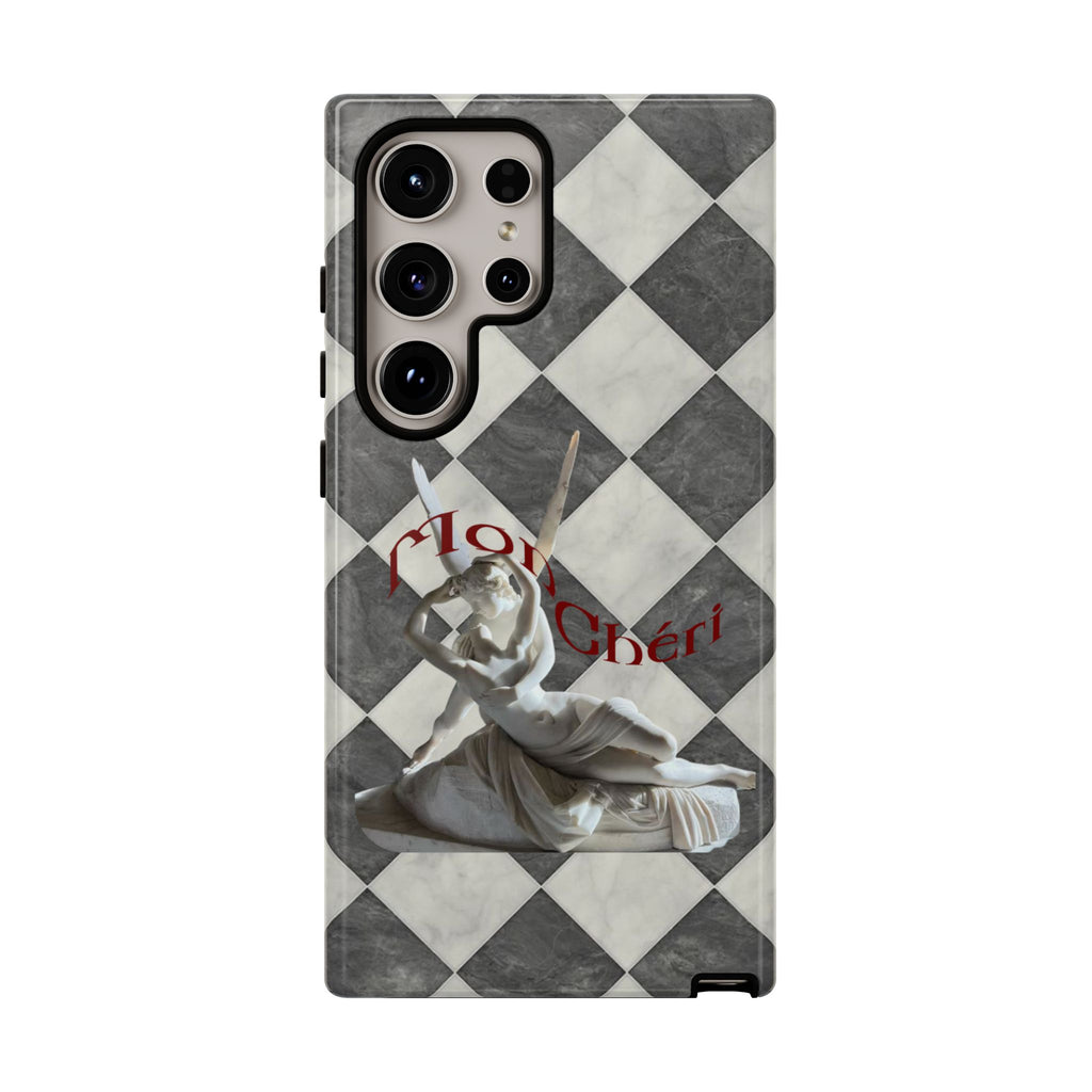 Phone Case — Vintage Harlequin Design with 'Mon Cheri' Statue Accent