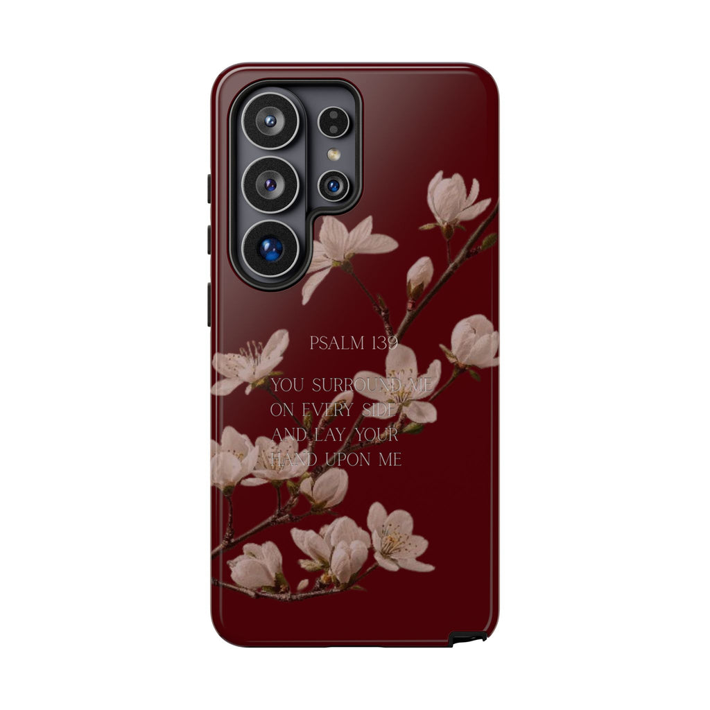 Floral Psalm Tough Phone Case — Burgundy Magnolia Branch with Psalm 139 Verse