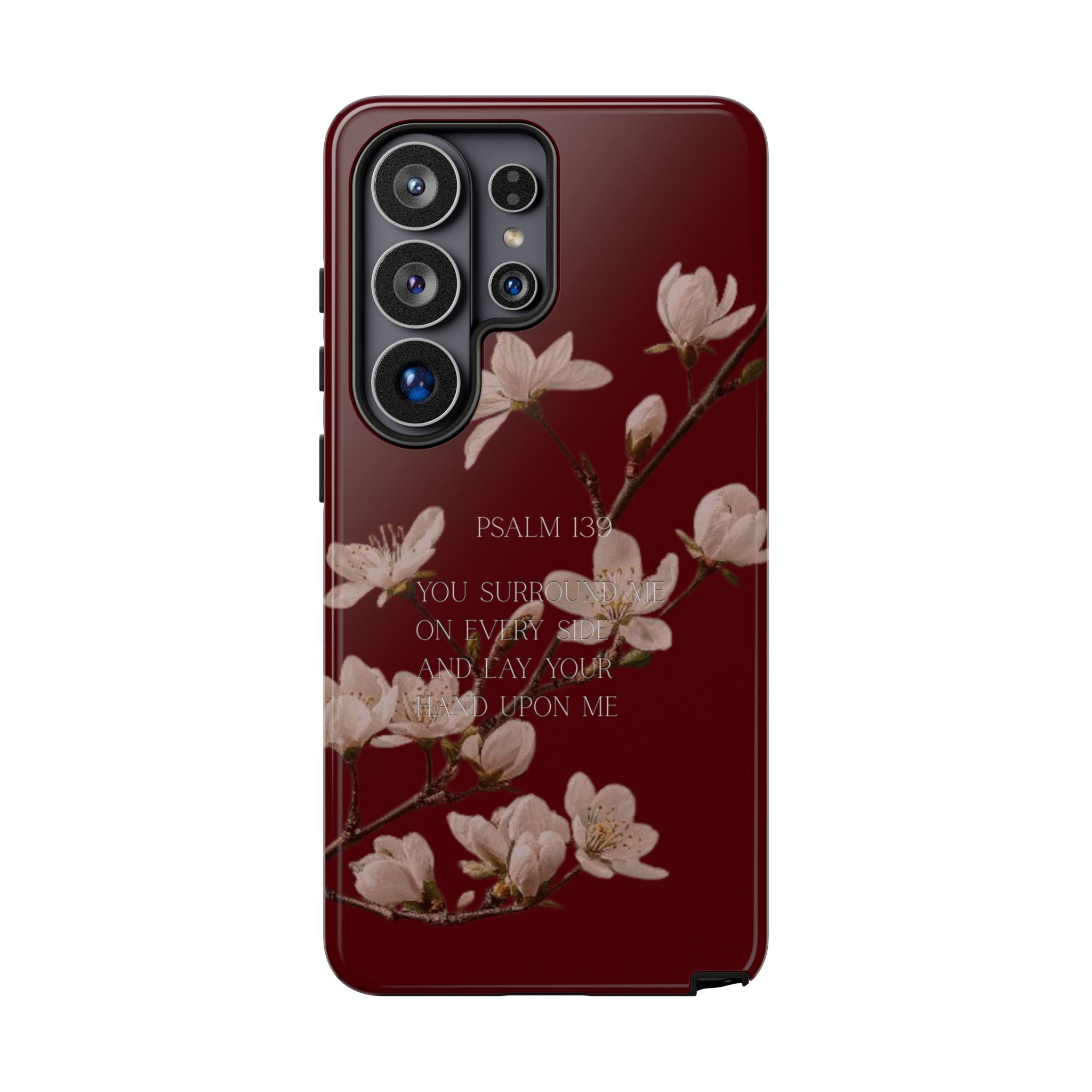 Floral Psalm Tough Phone Case — Burgundy Magnolia Branch with Psalm 139 Verse