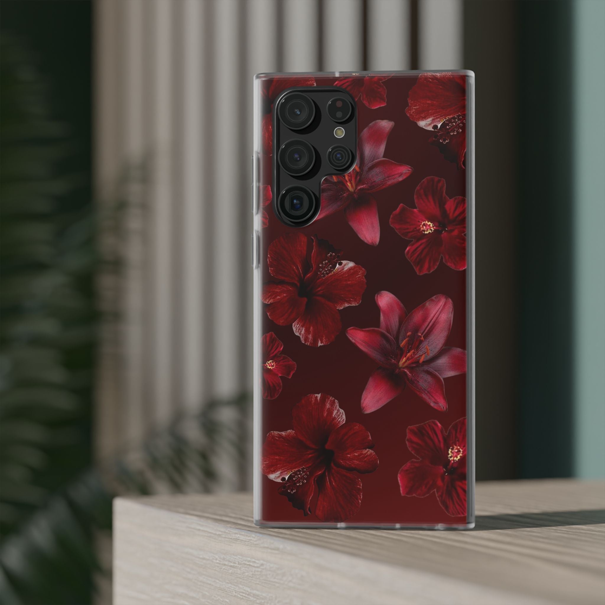 Red Floral Flexi Phone Case – Dark Burgundy Lily Pattern