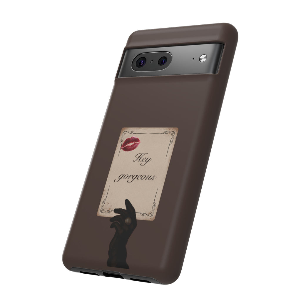 Hey Gorgeous Phone Case — Brown Lip Print & Shadow Hand Protective Cover