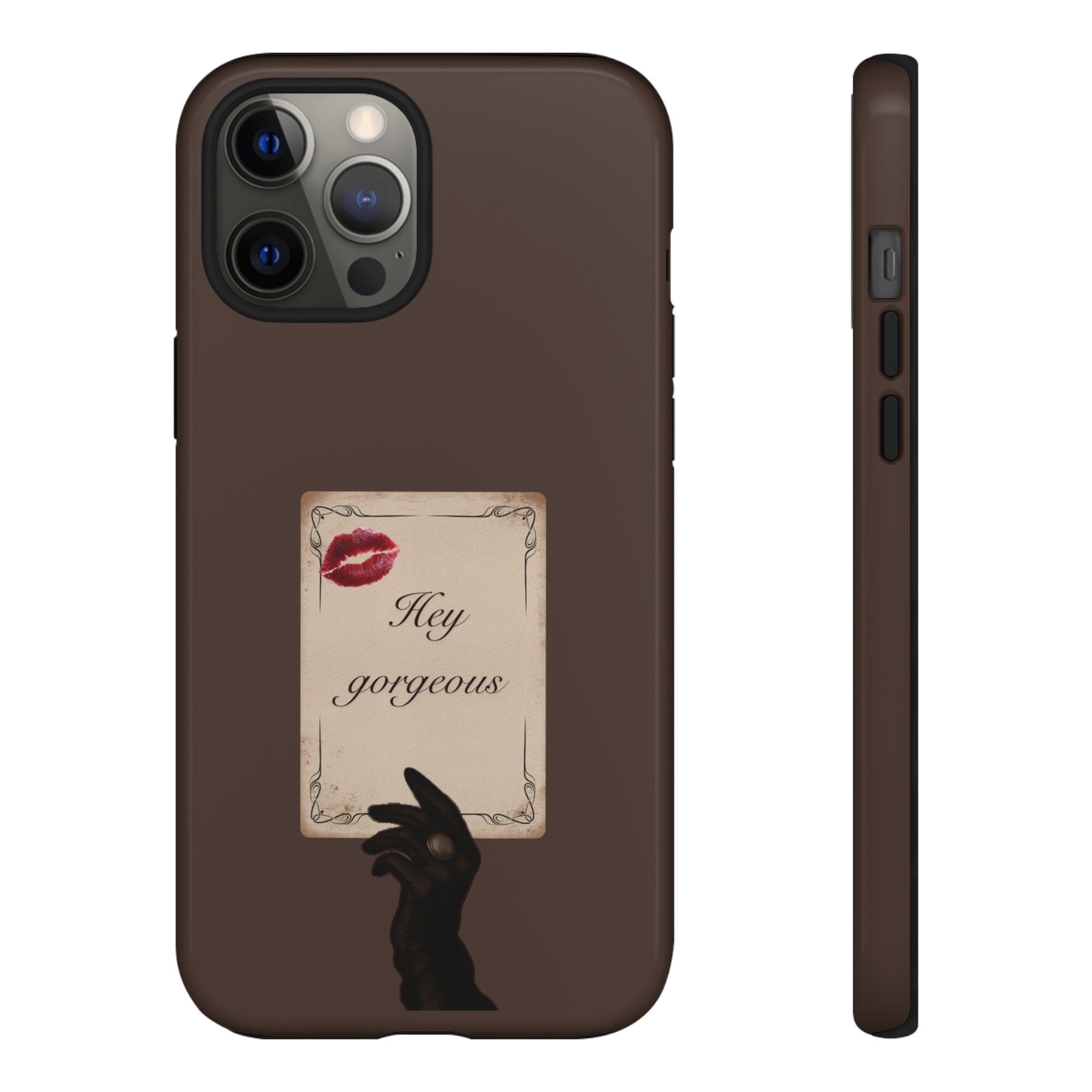 Hey Gorgeous Phone Case — Brown Lip Print & Shadow Hand Protective Cover