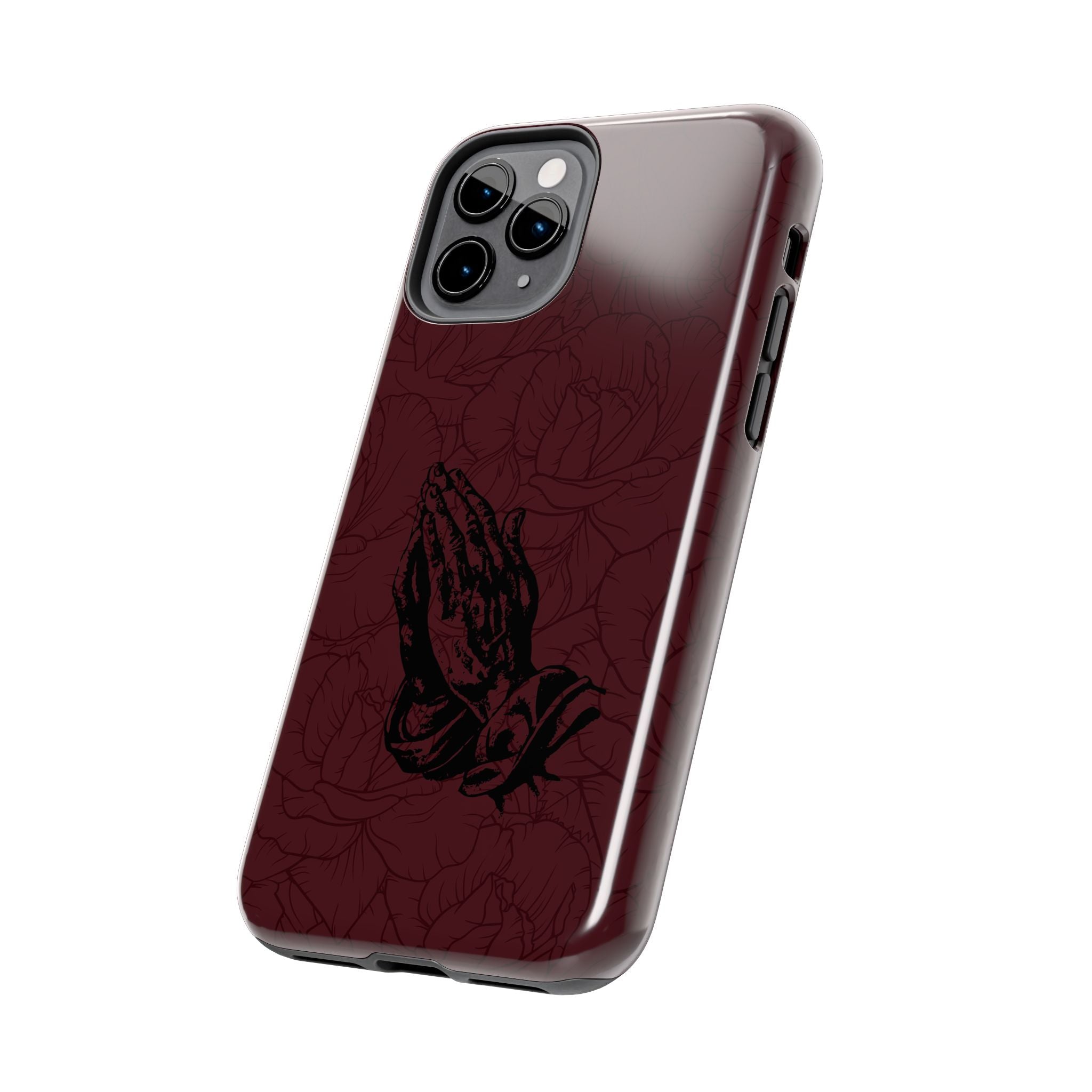 Burgundy Praying Hands Tough Phone Case – Floral Background, Religious Protective Cover