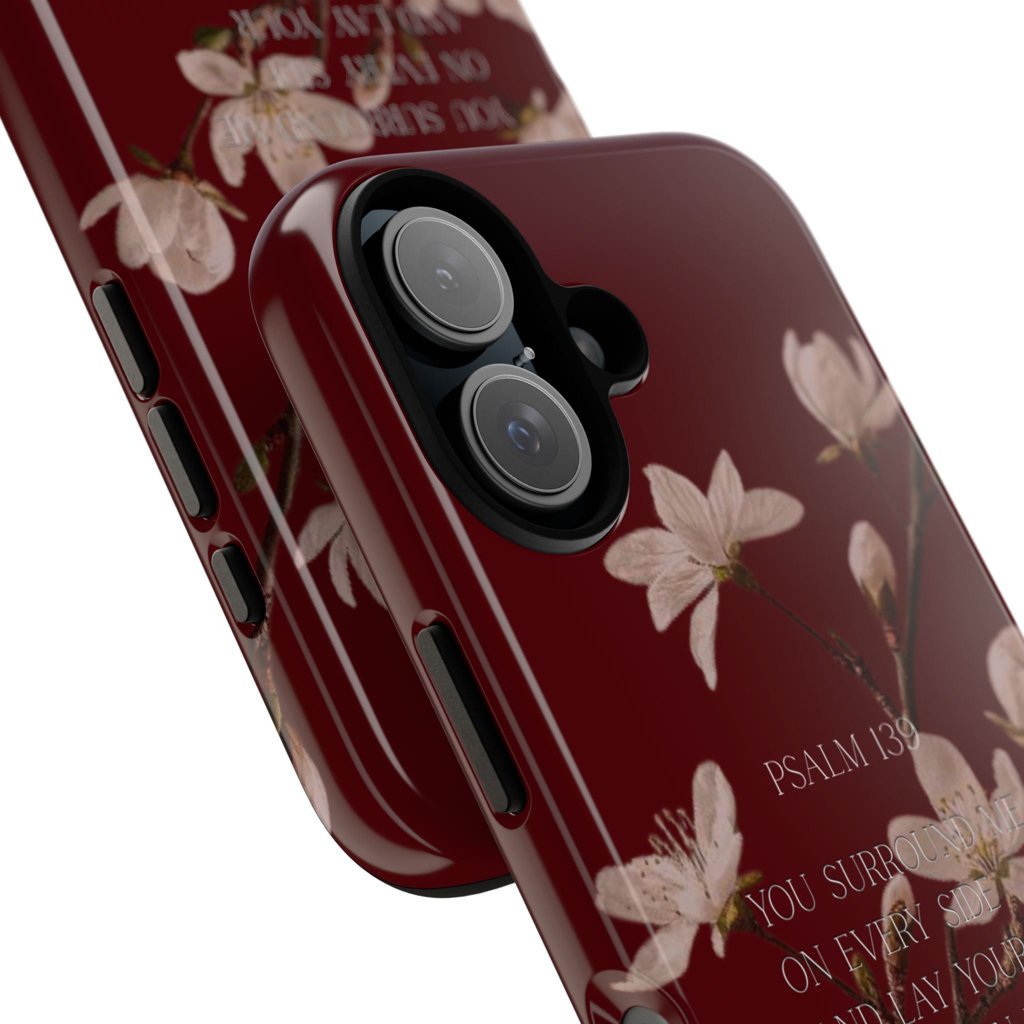 Floral Psalm Tough Phone Case — Burgundy Magnolia Branch with Psalm 139 Verse