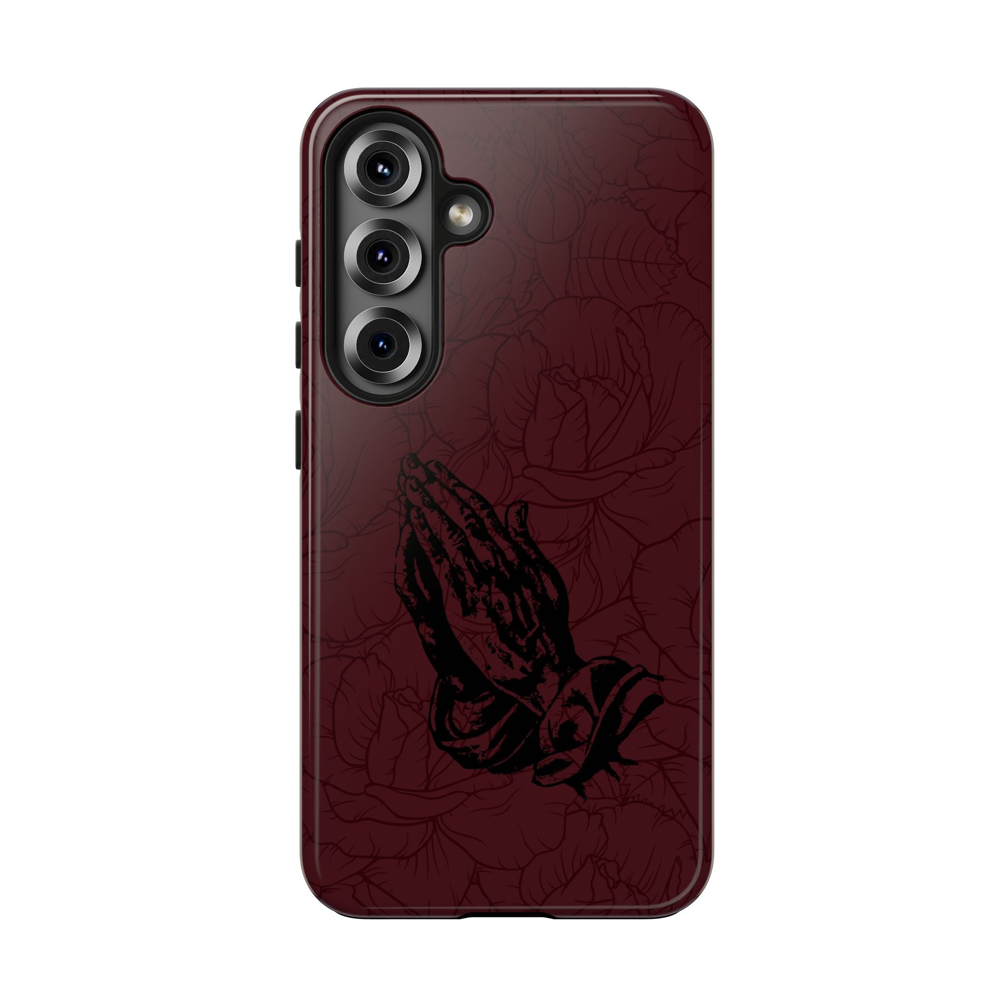 Burgundy Praying Hands Tough Phone Case – Floral Background, Religious Protective Cover