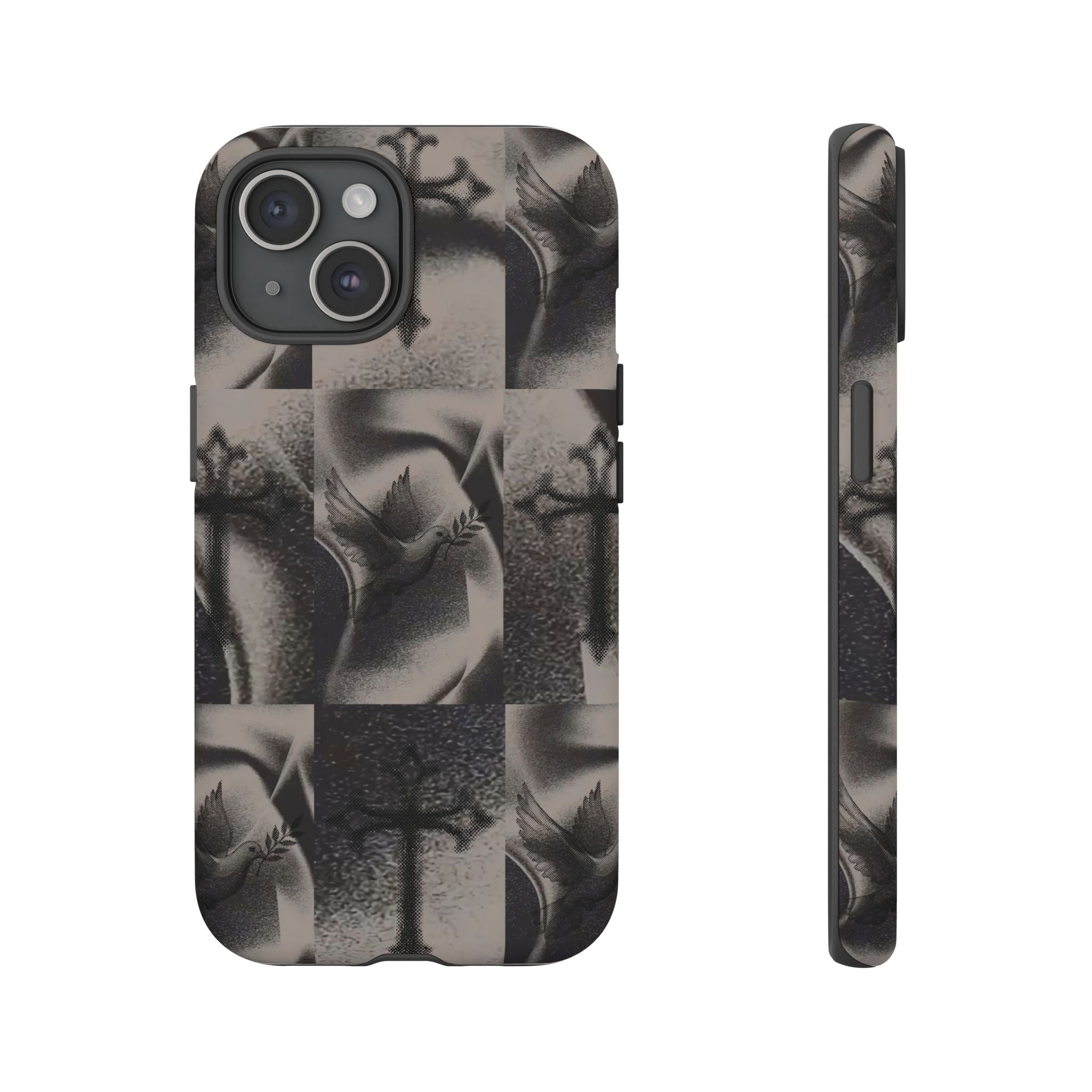 Gothic Cross & Dove Phone Case — Moody Checkerboard Protective Case
