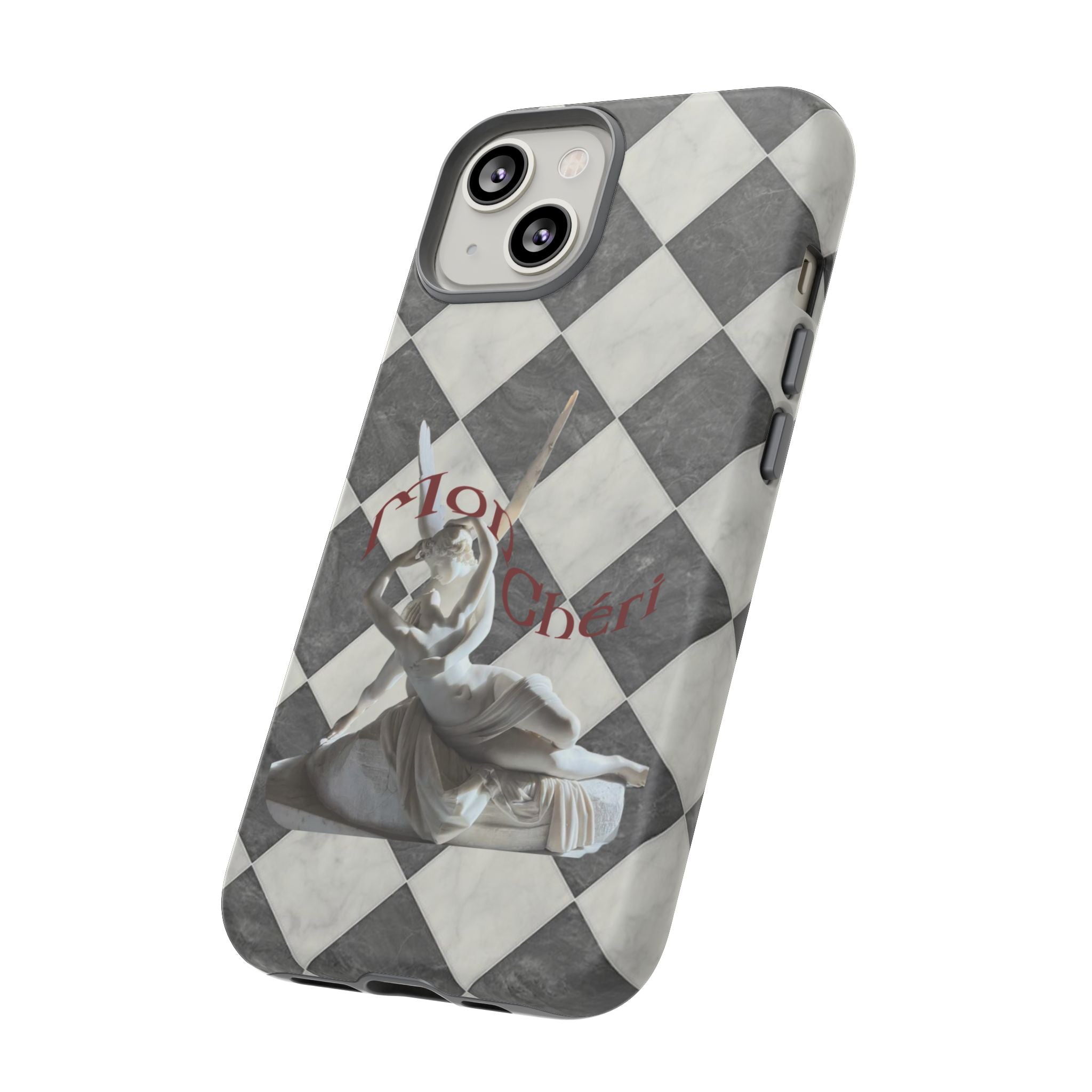 Phone Case — Vintage Harlequin Design with 'Mon Cheri' Statue Accent