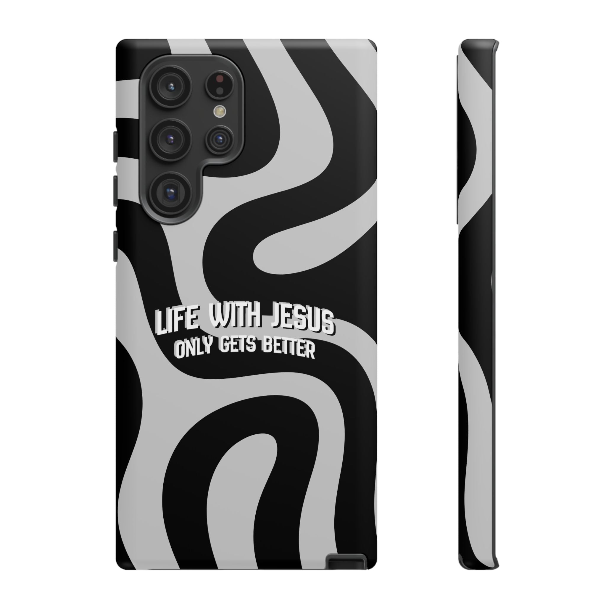 Christian iPhone Tough Case — "Life With Jesus Only Gets Better" Black & White Swirl Design