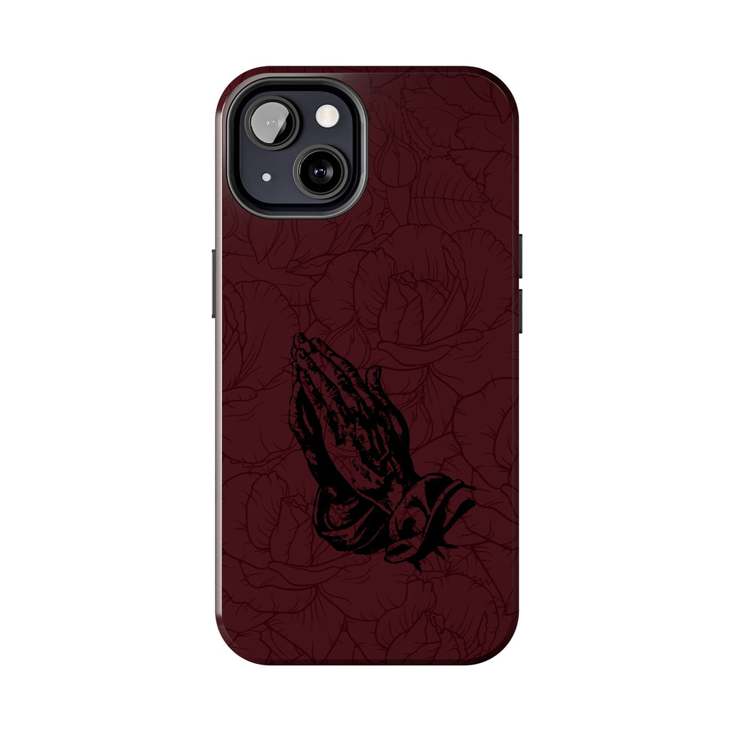 Burgundy Praying Hands Tough Phone Case – Floral Background, Religious Protective Cover