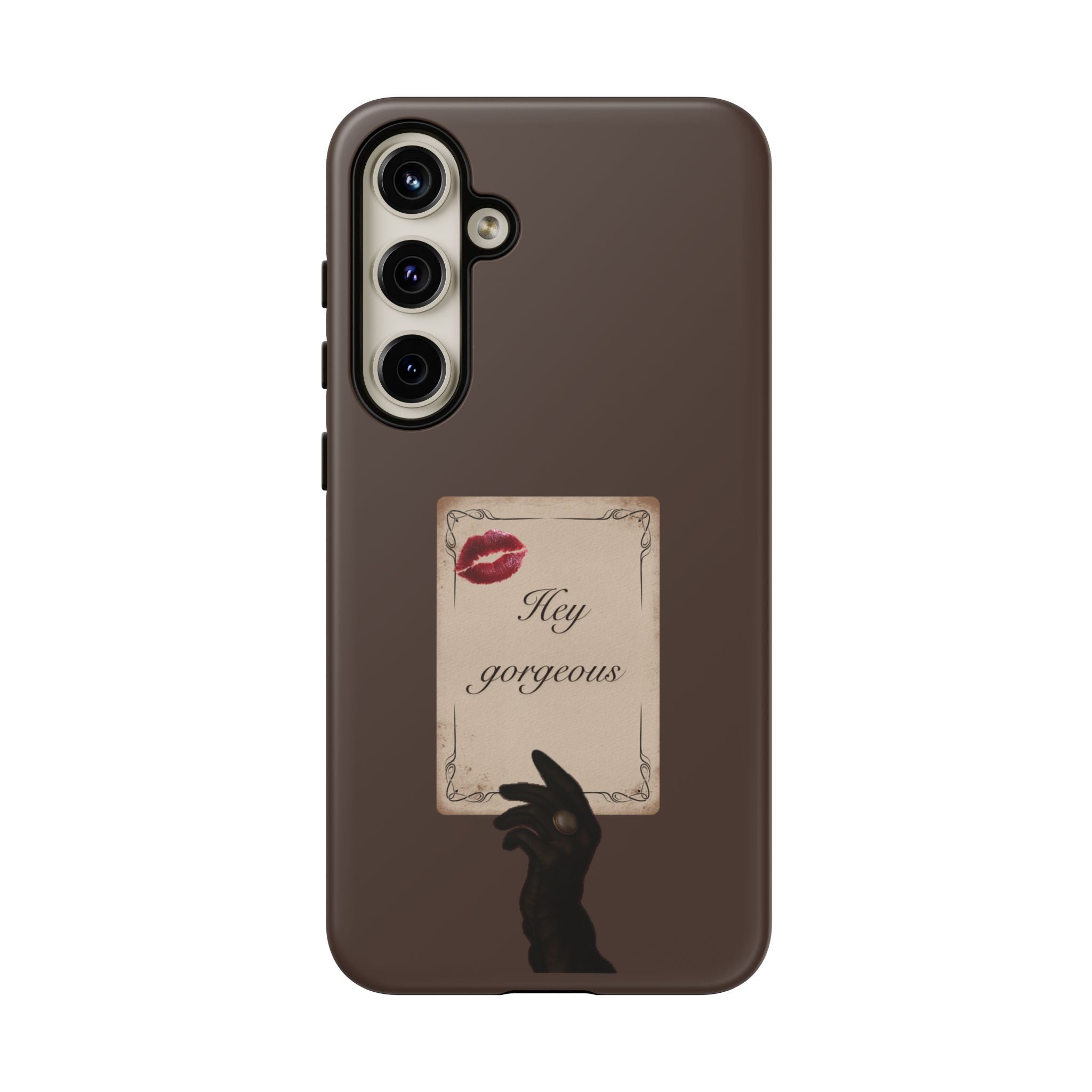 Hey Gorgeous Phone Case — Brown Lip Print & Shadow Hand Protective Cover