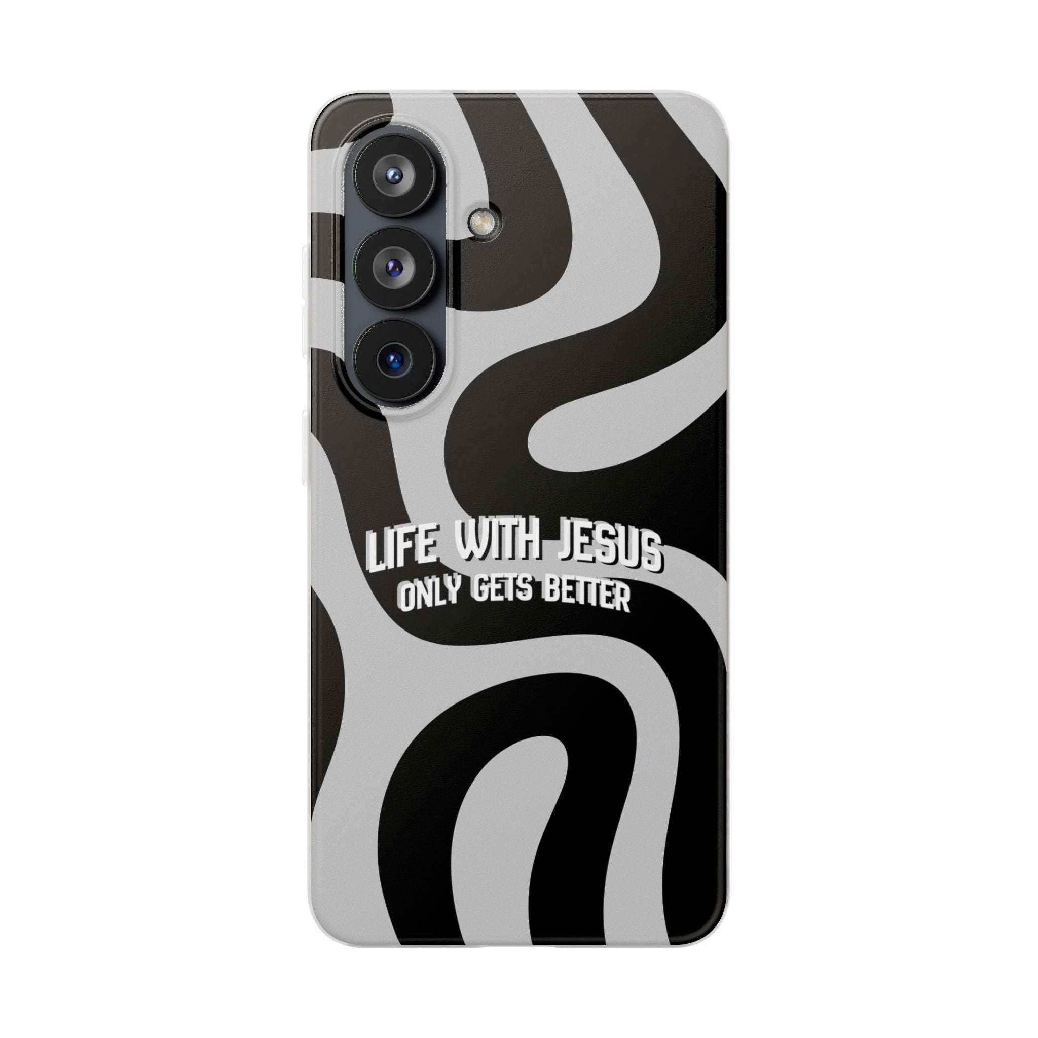 Religious Phone Case — "Life With Jesus Only Gets Better" Black & White Swirl Flexi Case