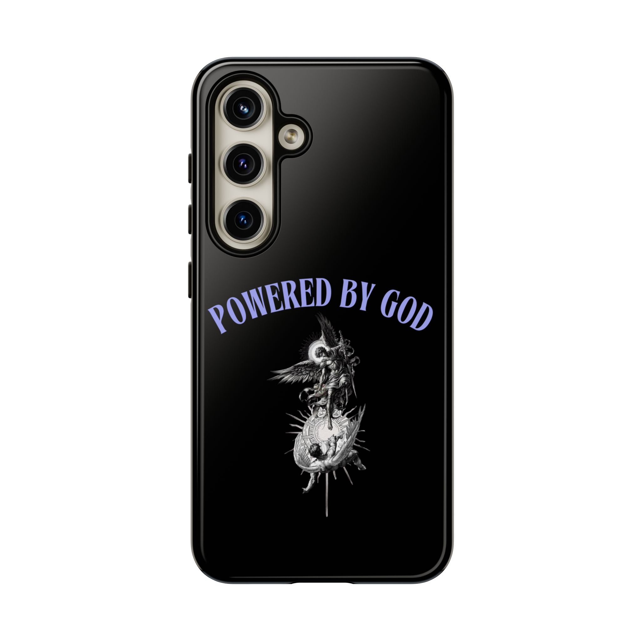 Phone Case — "Powered by God" Black Protective Case with Angelic Skull Design