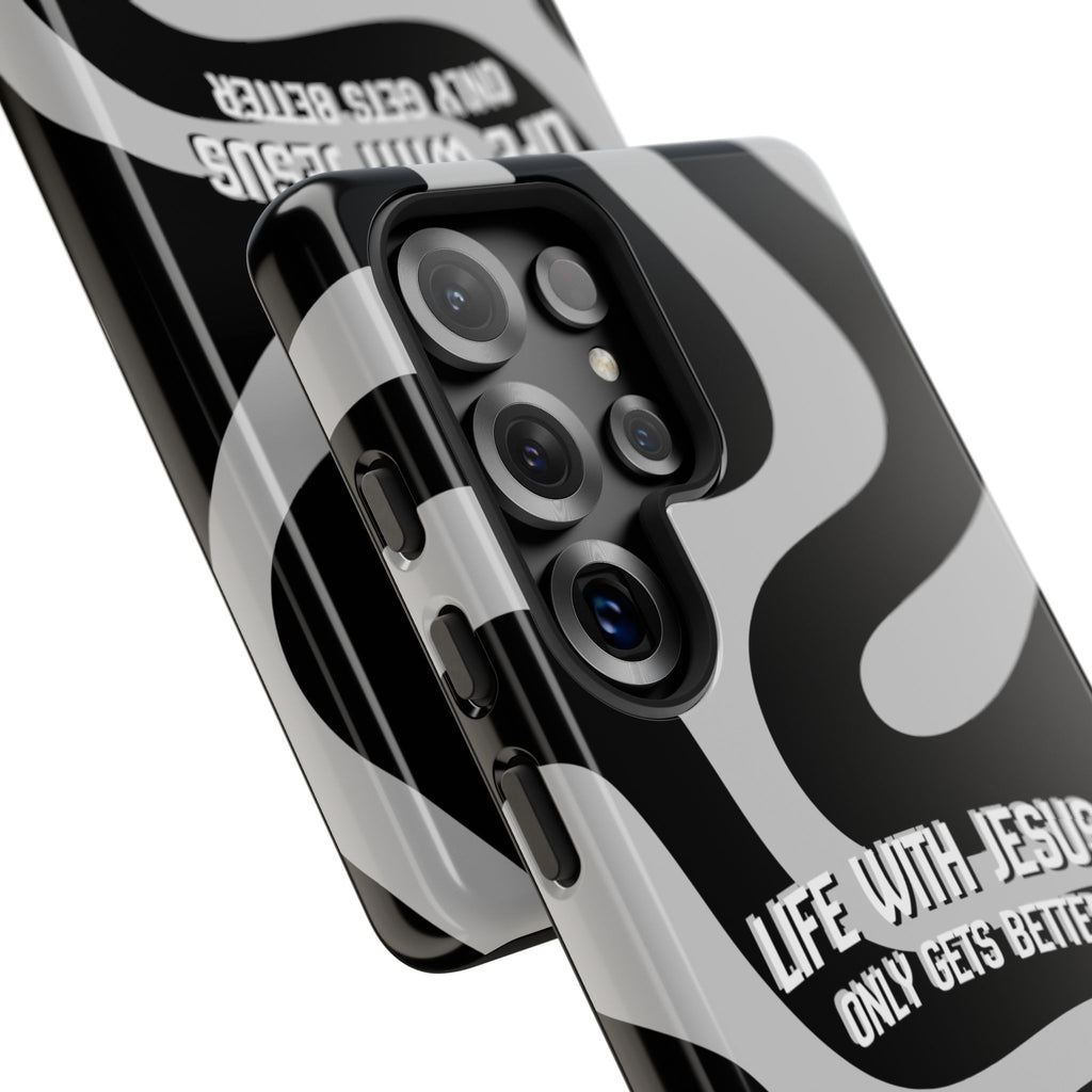 Christian iPhone Tough Case — "Life With Jesus Only Gets Better" Black & White Swirl Design