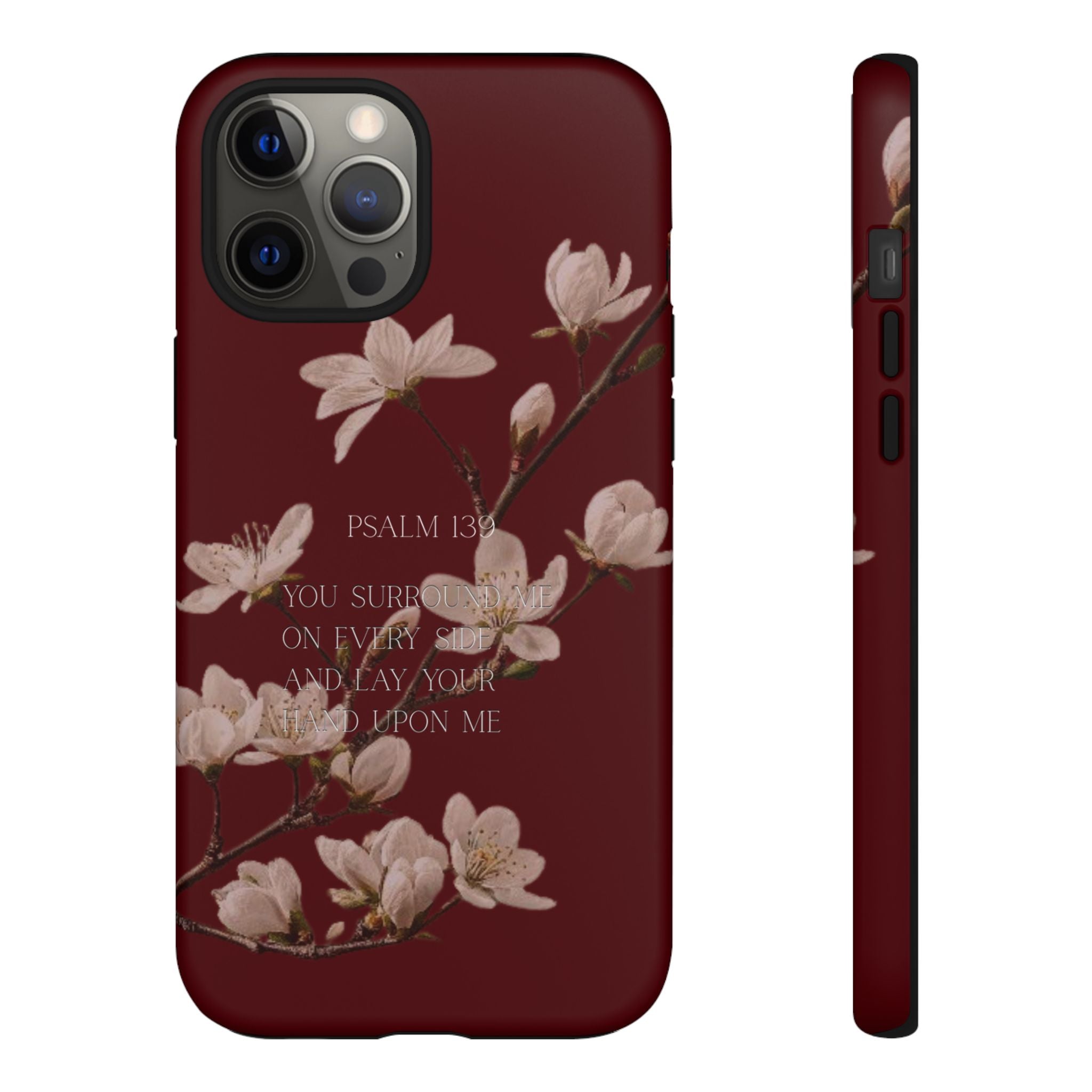 Floral Psalm Tough Phone Case — Burgundy Magnolia Branch with Psalm 139 Verse