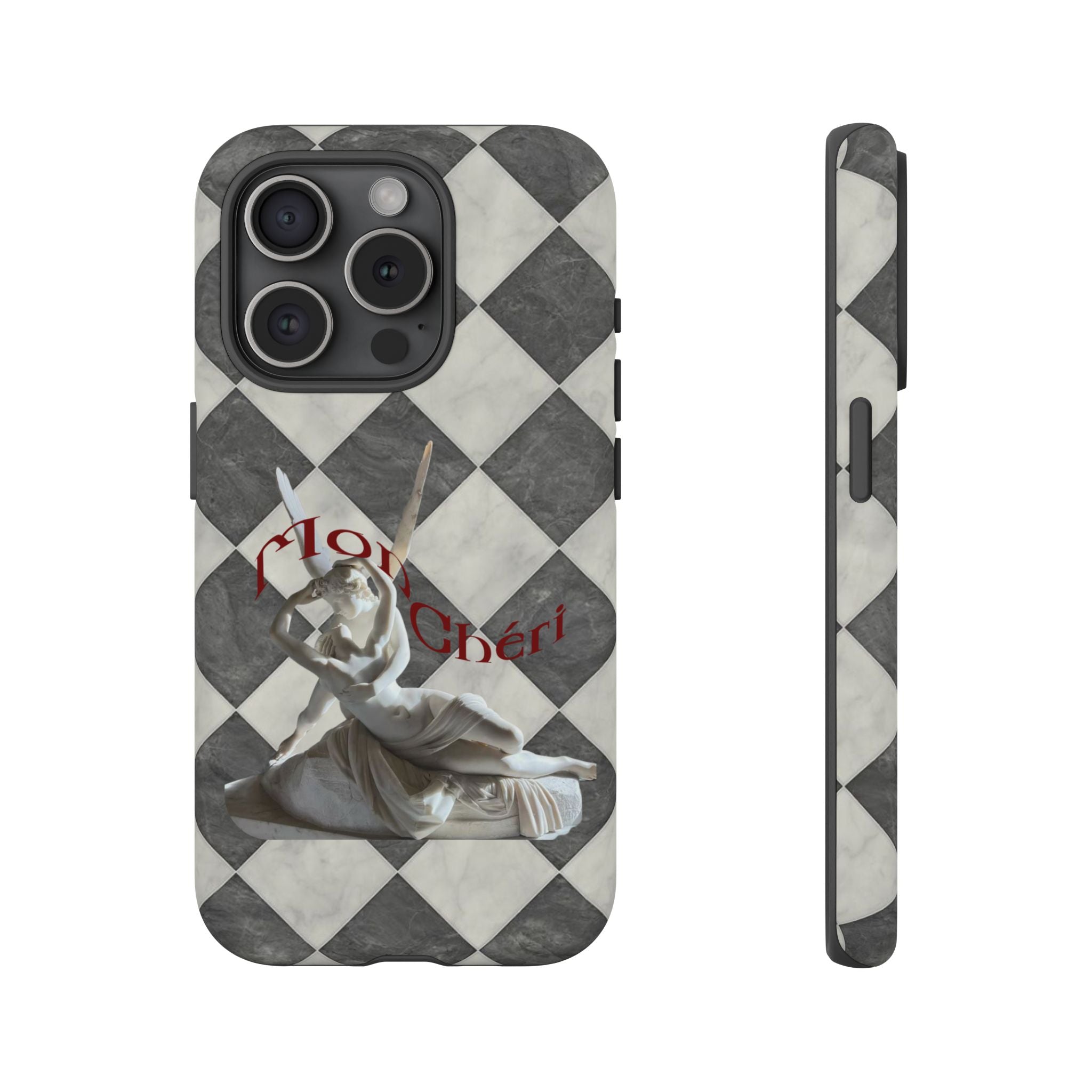 Phone Case — Vintage Harlequin Design with 'Mon Cheri' Statue Accent