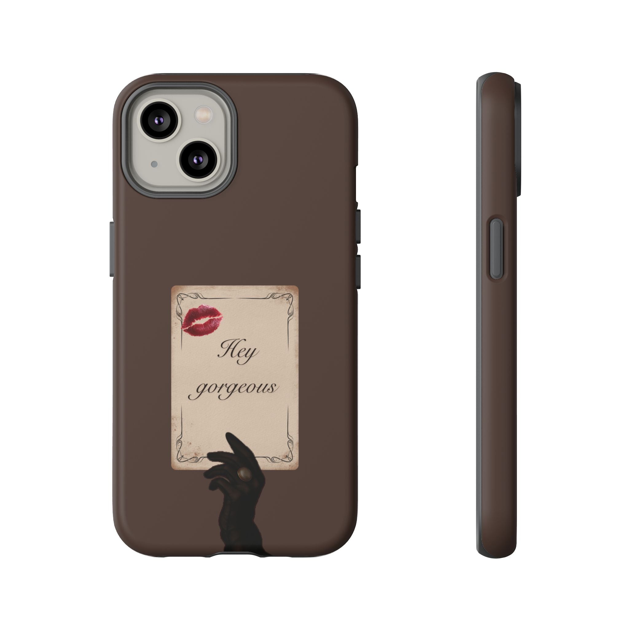 Hey Gorgeous Phone Case — Brown Lip Print & Shadow Hand Protective Cover