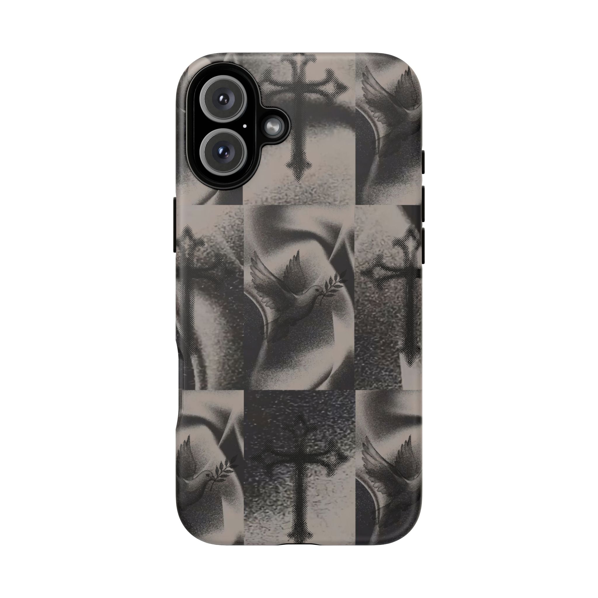 Gothic Cross & Dove Phone Case — Moody Checkerboard Protective Case