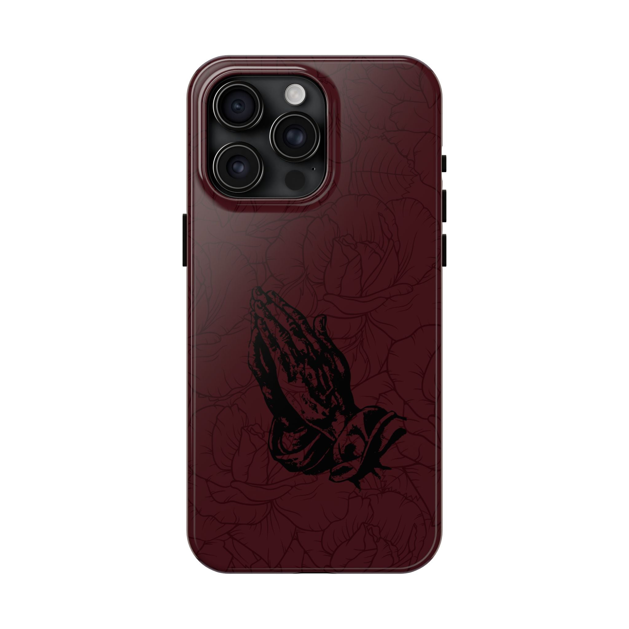 Burgundy Praying Hands Tough Phone Case – Floral Background, Religious Protective Cover