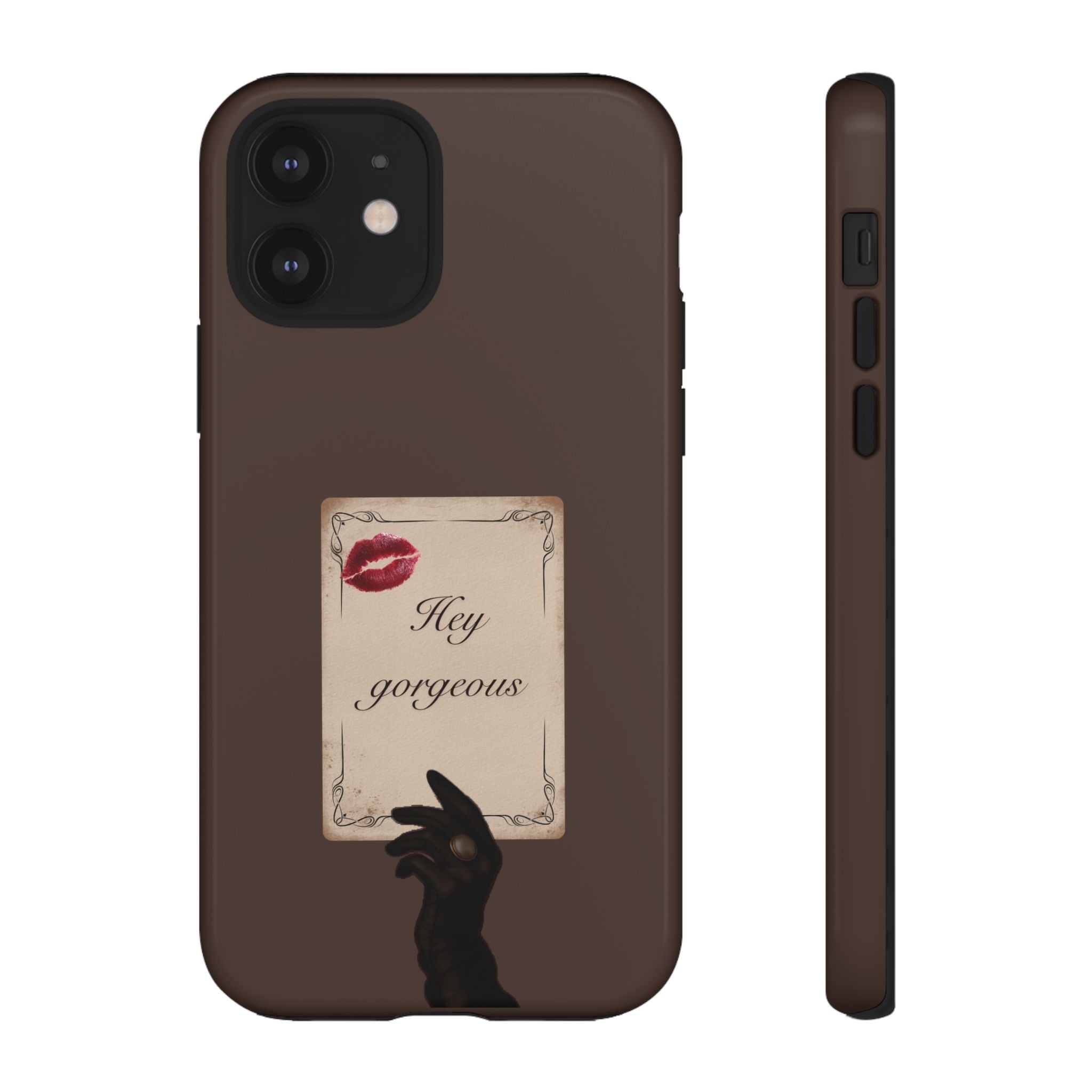 Hey Gorgeous Phone Case — Brown Lip Print & Shadow Hand Protective Cover