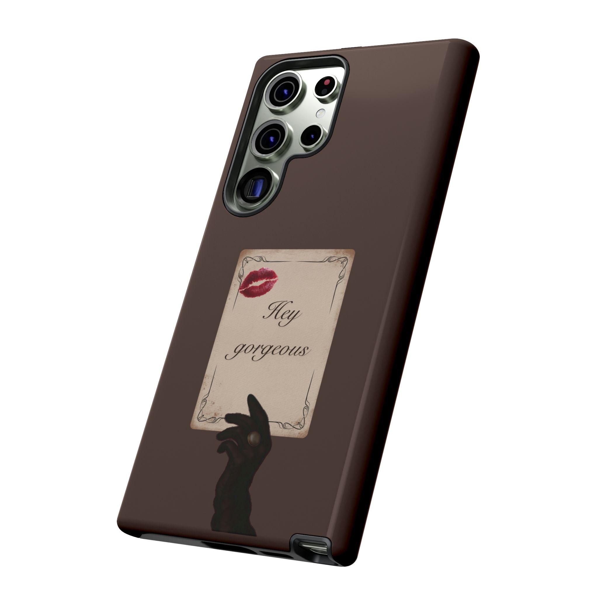 Hey Gorgeous Phone Case — Brown Lip Print & Shadow Hand Protective Cover