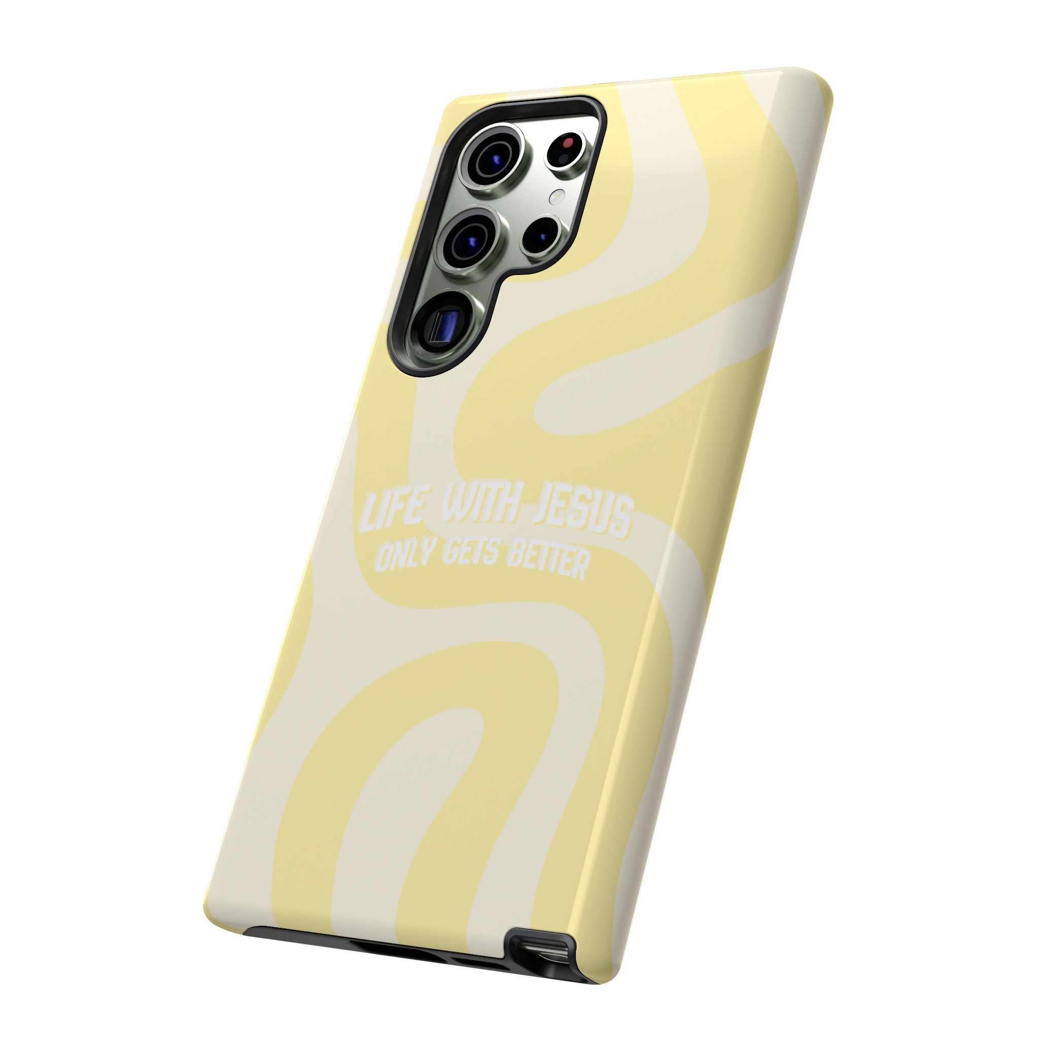 Yellow Swirl Phone Case - "Life With Jesus Only Gets Better" Christian iPhone Cover Tough Case
