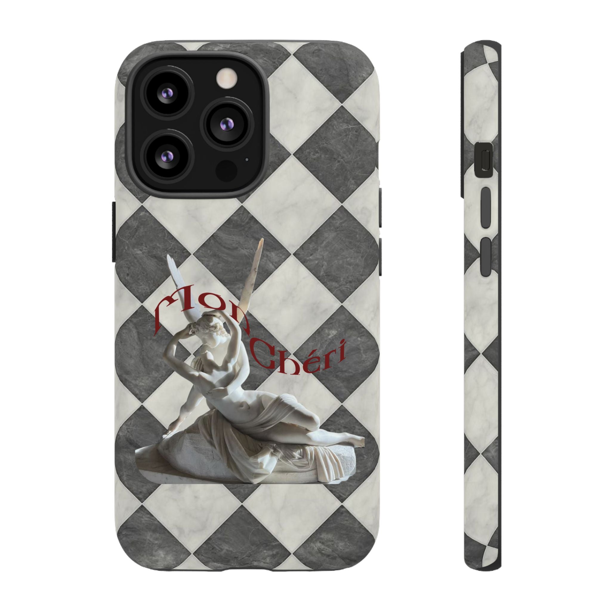 Phone Case — Vintage Harlequin Design with 'Mon Cheri' Statue Accent