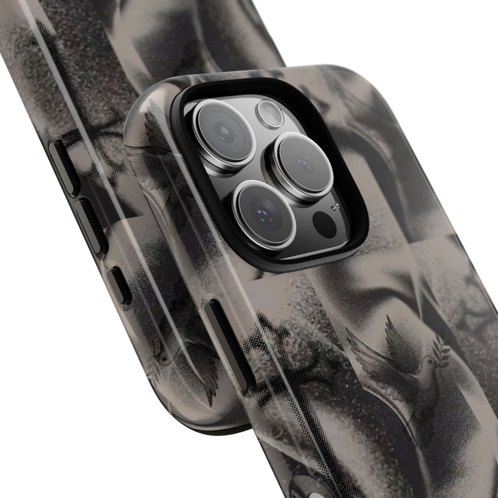 Gothic Cross & Dove Phone Case — Moody Checkerboard Protective Case