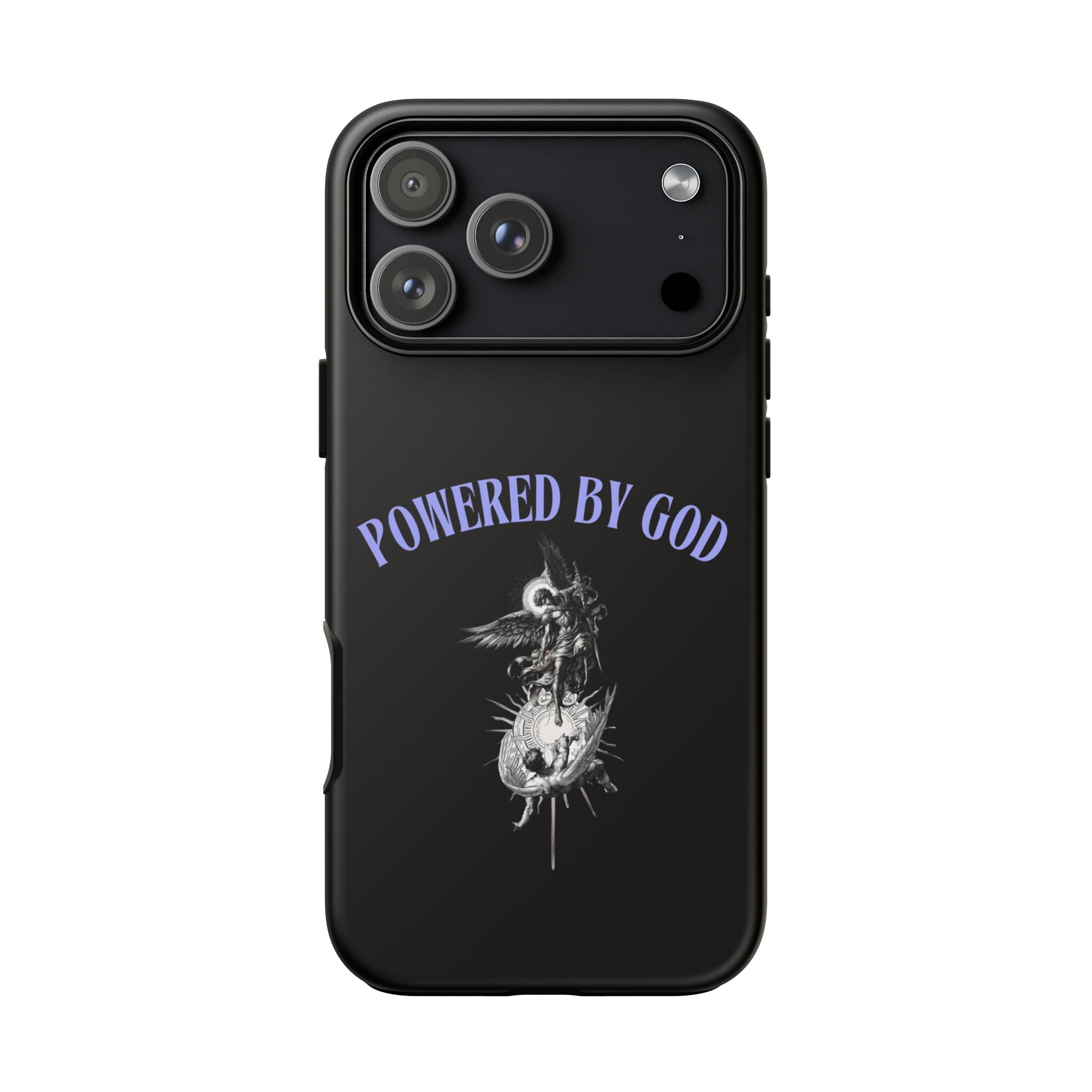 Phone Case — "Powered by God" Black Protective Case with Angelic Skull Design