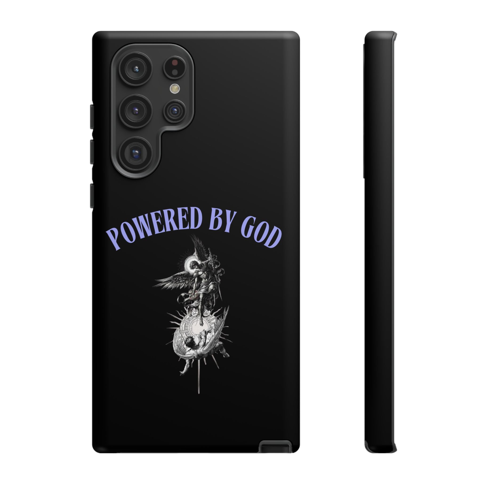 Phone Case — "Powered by God" Black Protective Case with Angelic Skull Design