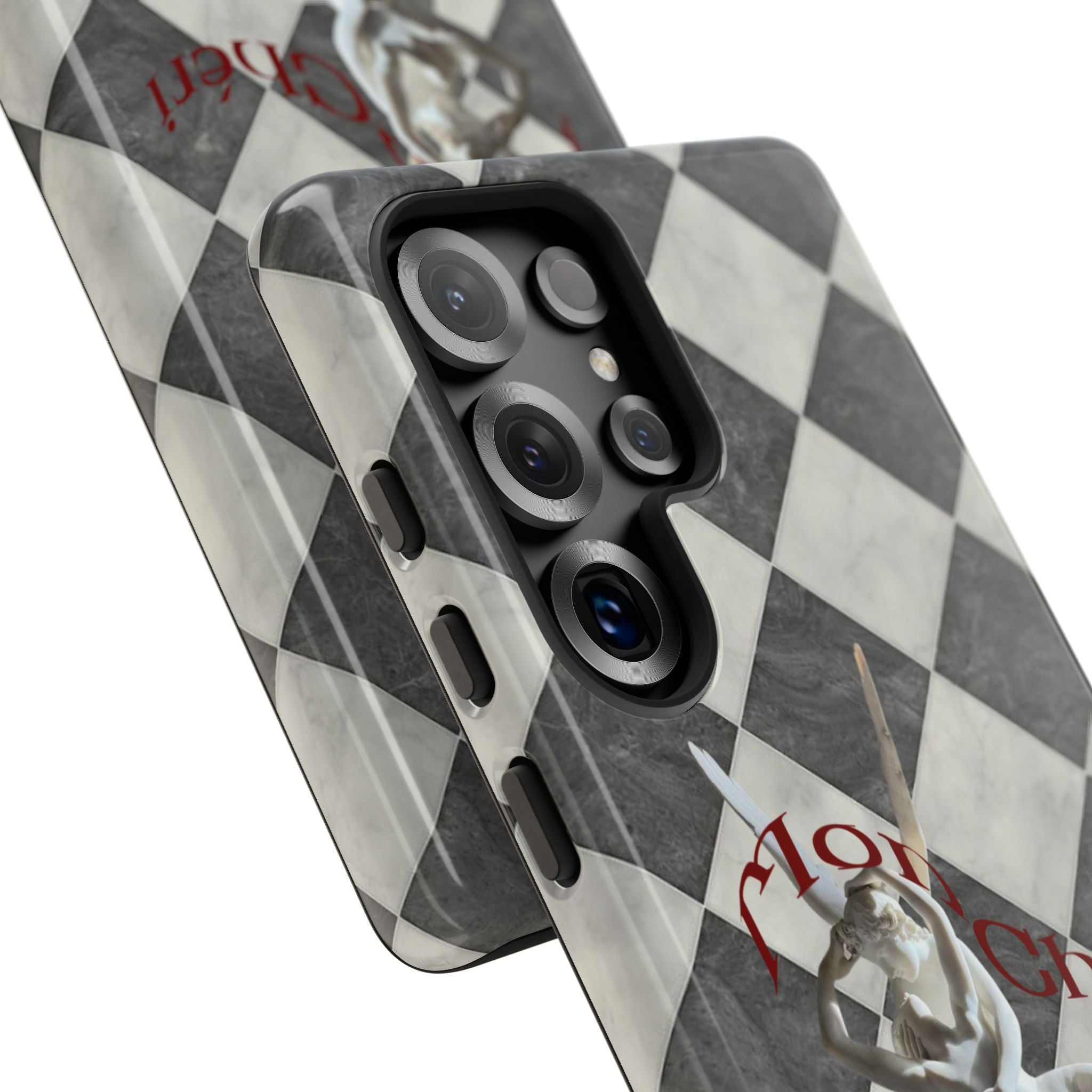 Phone Case — Vintage Harlequin Design with 'Mon Cheri' Statue Accent