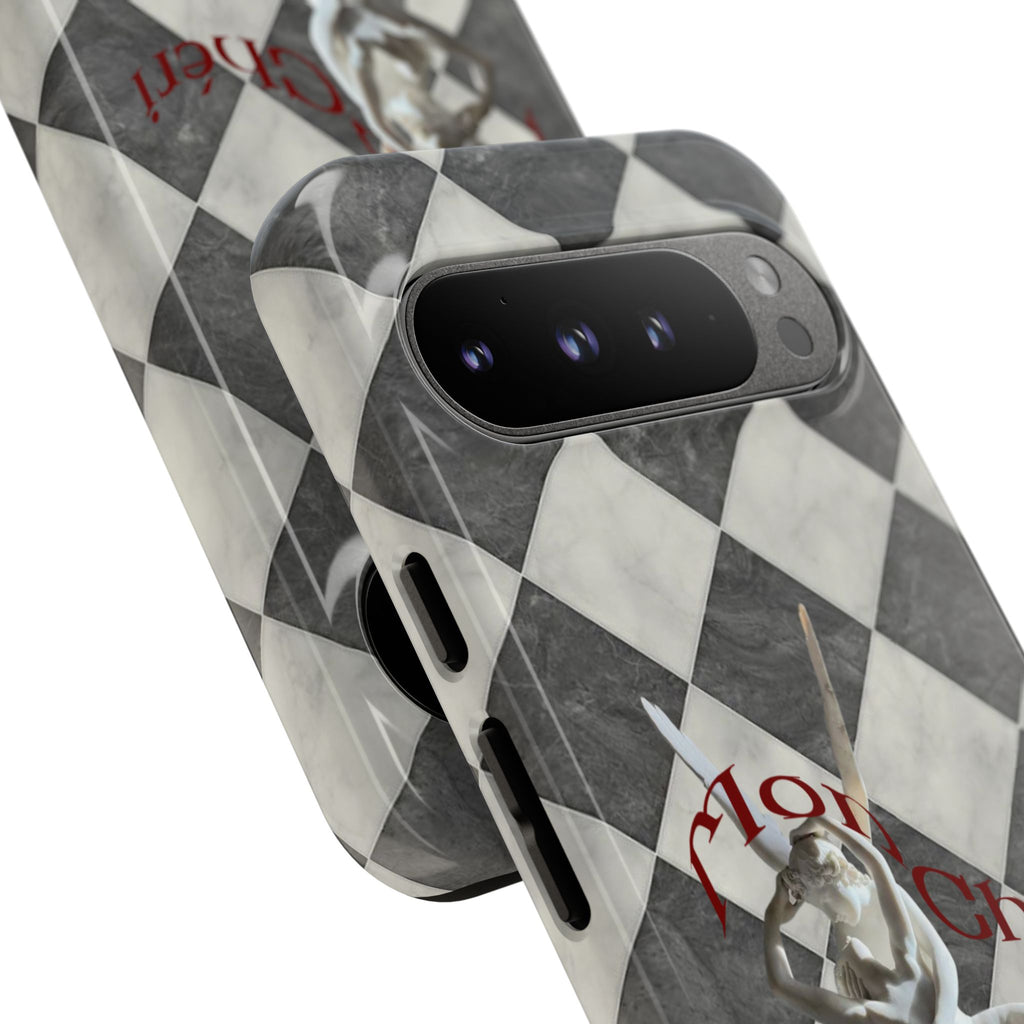 Phone Case — Vintage Harlequin Design with 'Mon Cheri' Statue Accent