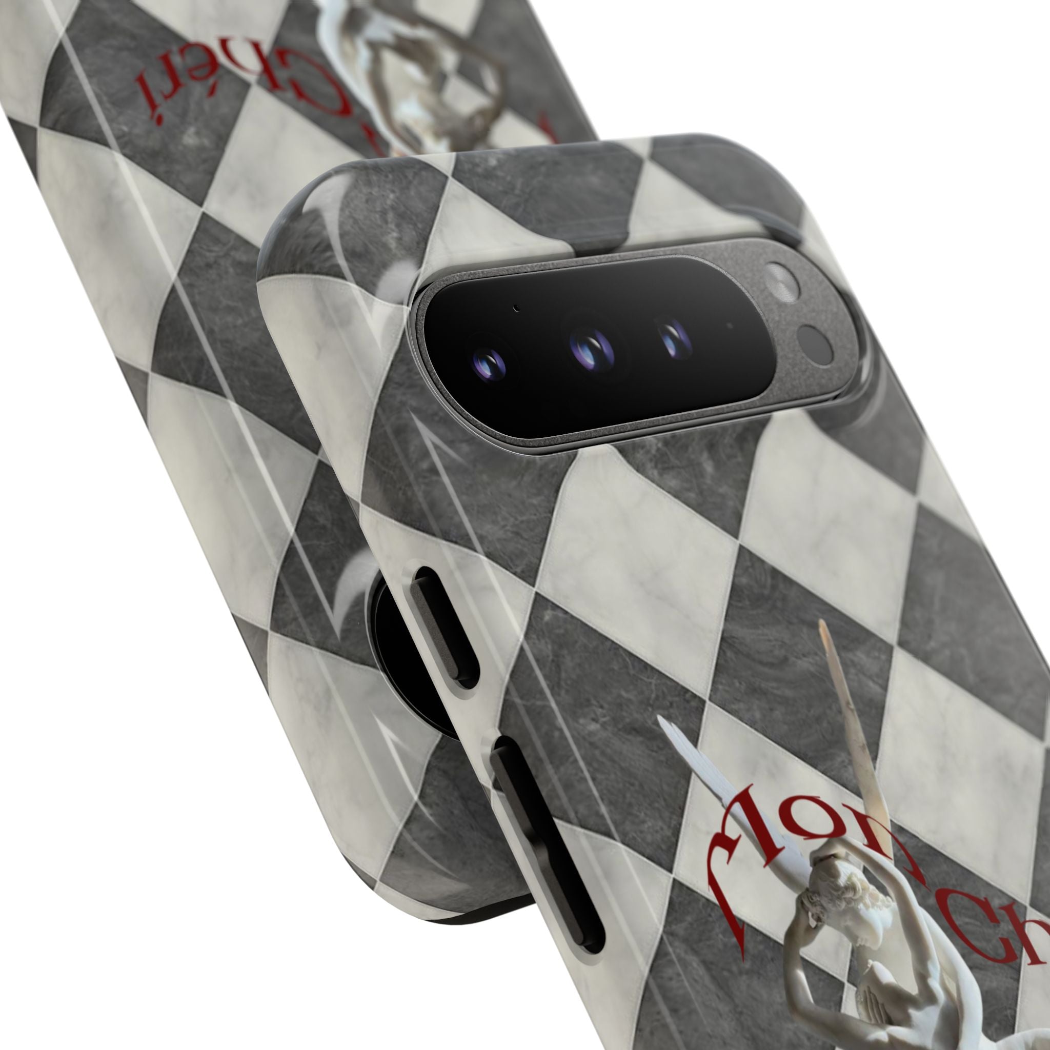 Phone Case — Vintage Harlequin Design with 'Mon Cheri' Statue Accent