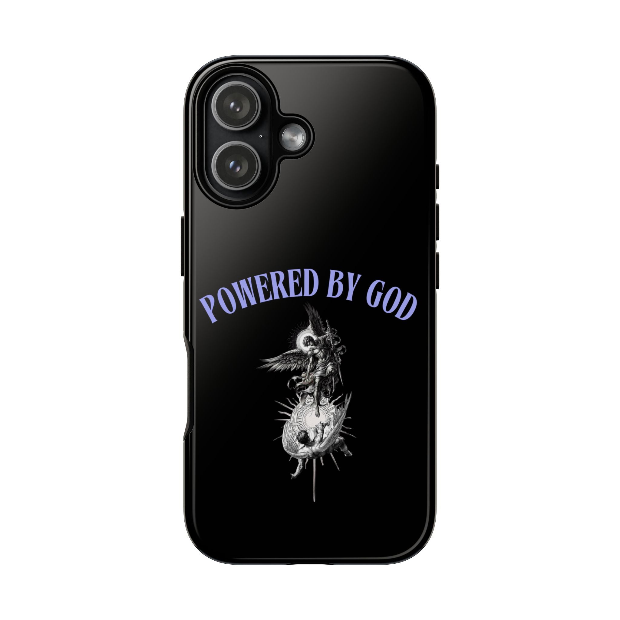 Phone Case — "Powered by God" Black Protective Case with Angelic Skull Design