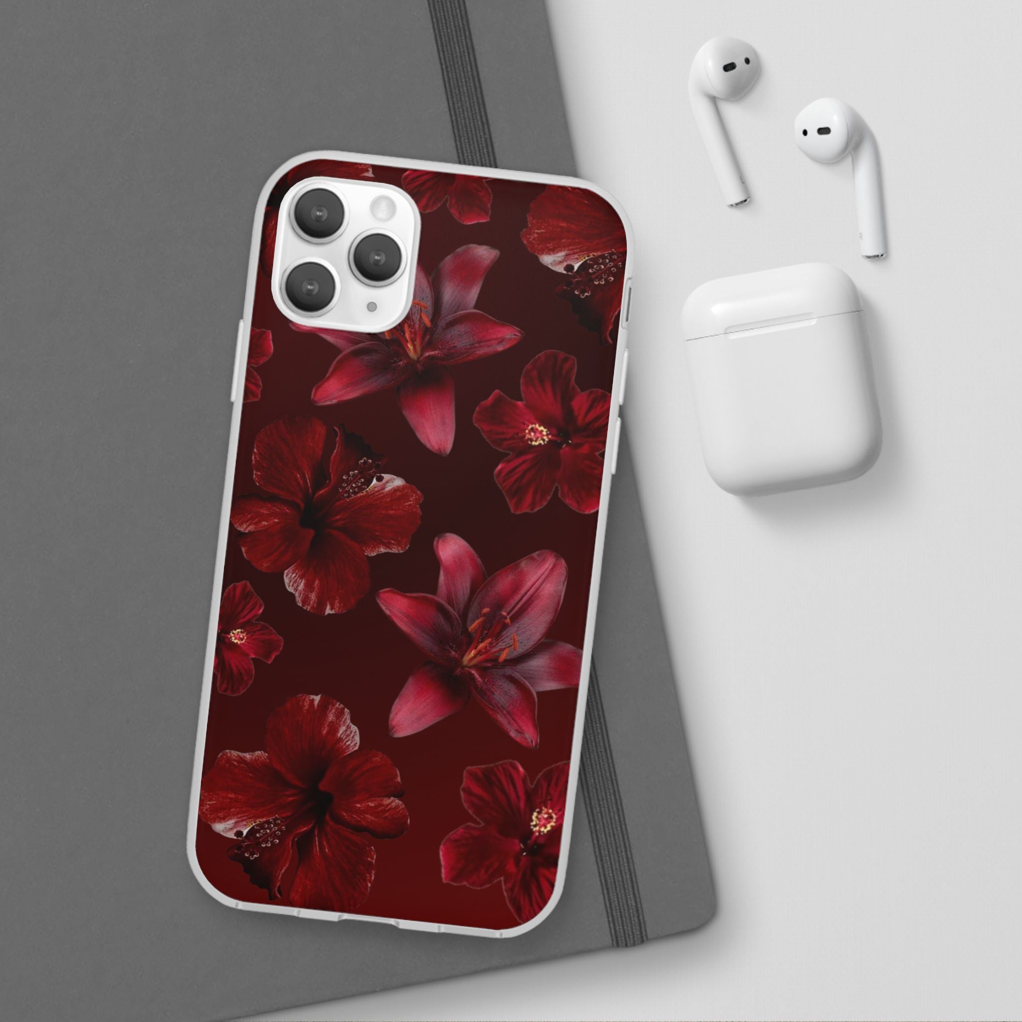 Red Floral Flexi Phone Case – Dark Burgundy Lily Pattern