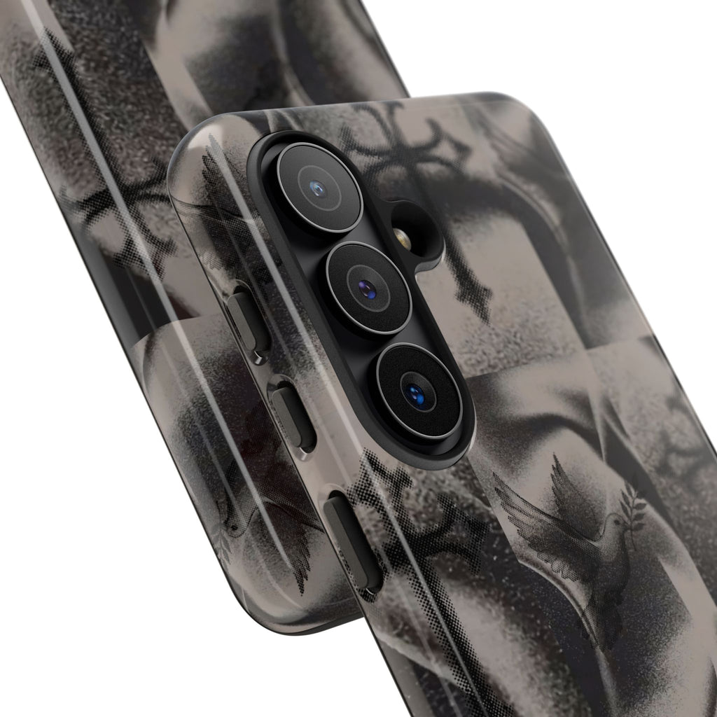 Gothic Cross & Dove Phone Case — Moody Checkerboard Protective Case