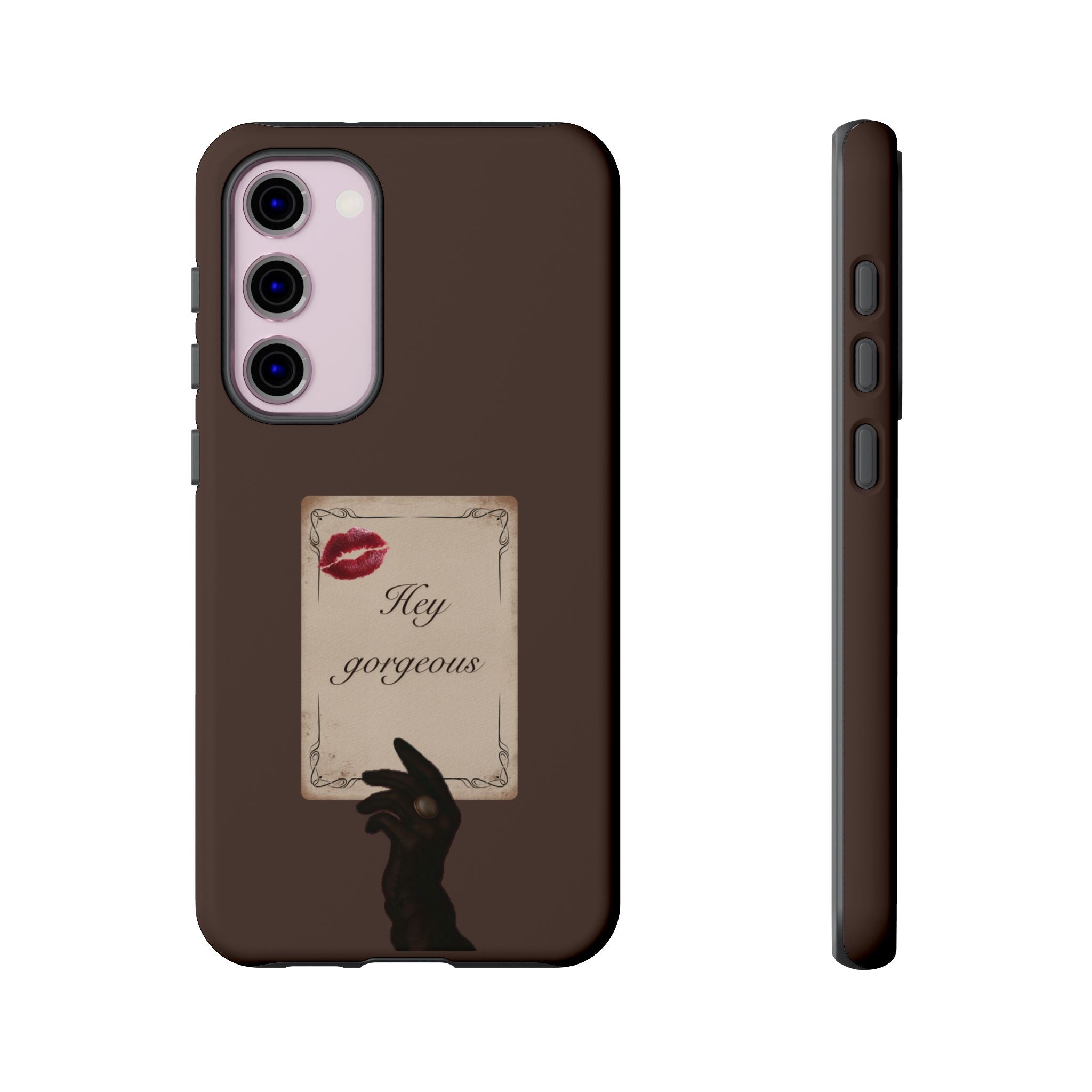 Hey Gorgeous Phone Case — Brown Lip Print & Shadow Hand Protective Cover