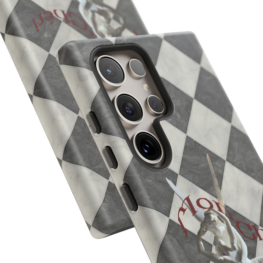 Phone Case — Vintage Harlequin Design with 'Mon Cheri' Statue Accent