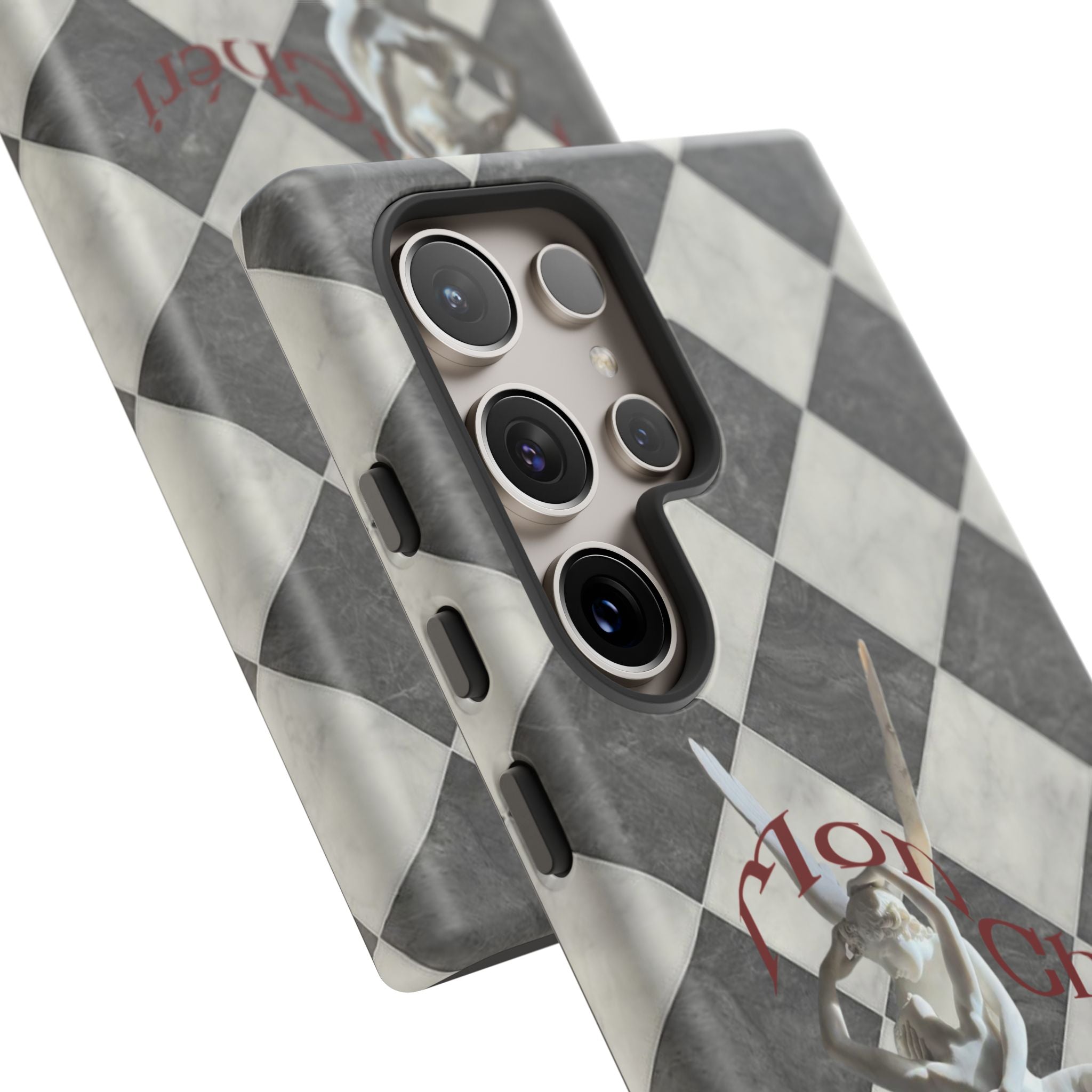 Phone Case — Vintage Harlequin Design with 'Mon Cheri' Statue Accent