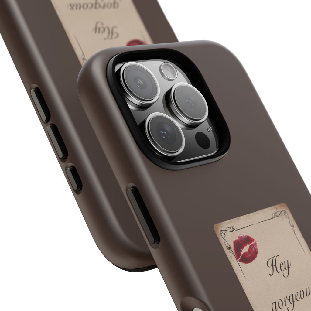 Hey Gorgeous Phone Case — Brown Lip Print & Shadow Hand Protective Cover