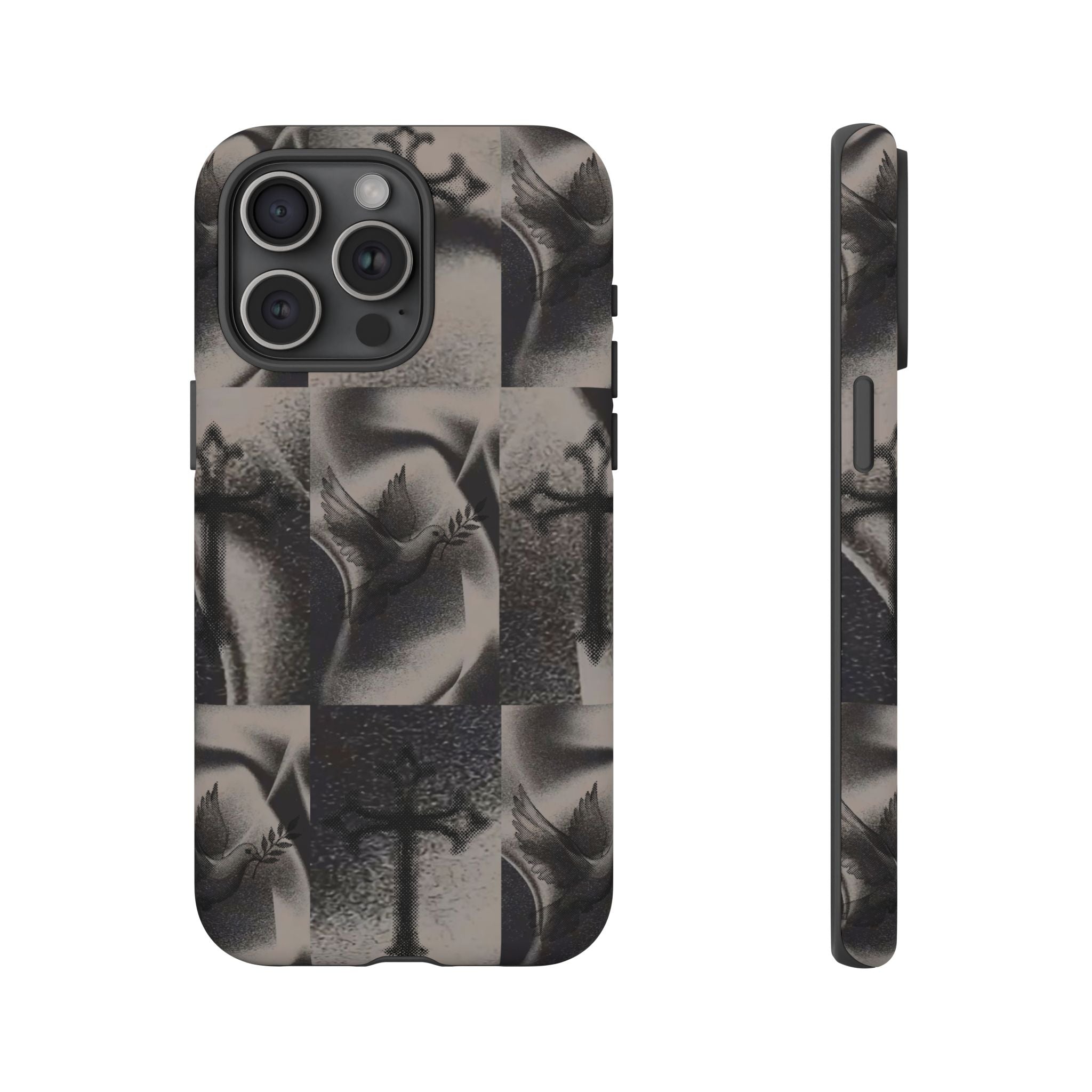 Gothic Cross & Dove Phone Case — Moody Checkerboard Protective Case