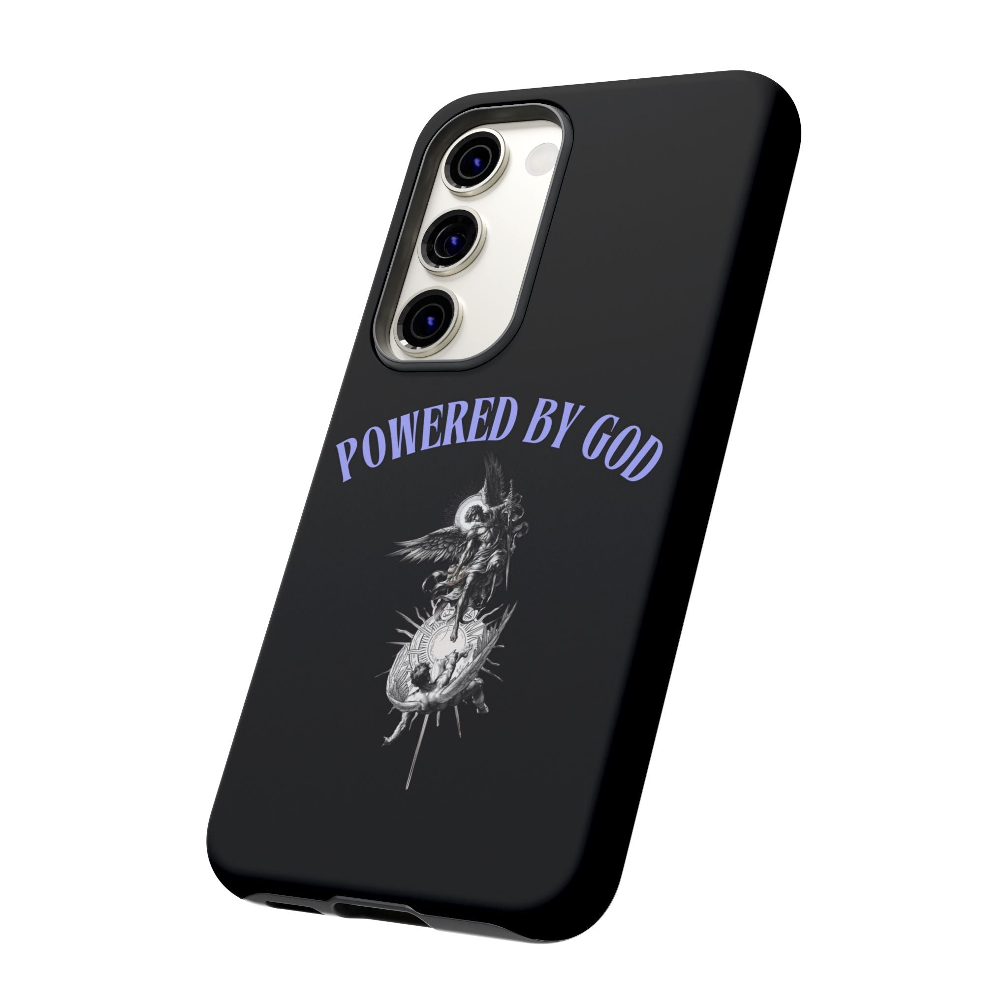 Phone Case — "Powered by God" Black Protective Case with Angelic Skull Design