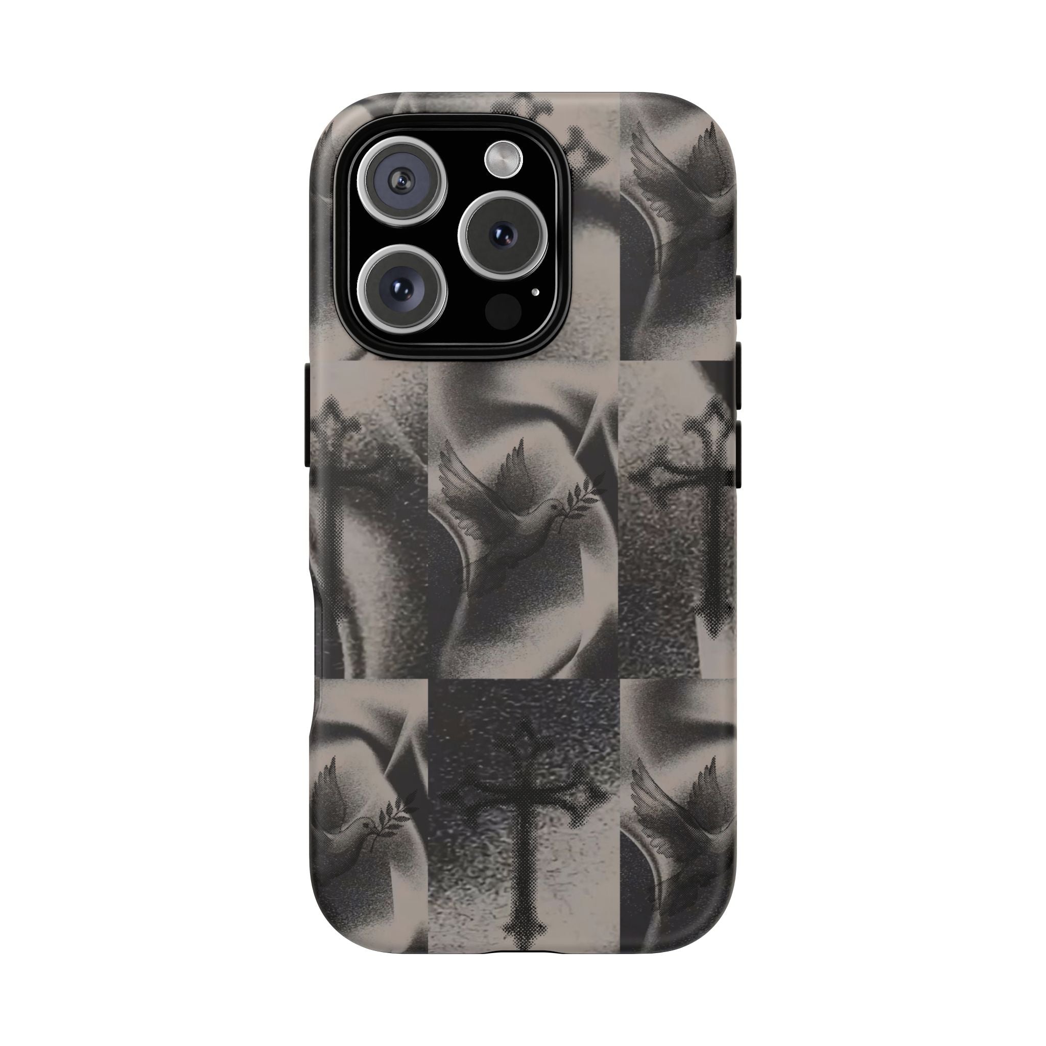 Gothic Cross & Dove Phone Case — Moody Checkerboard Protective Case