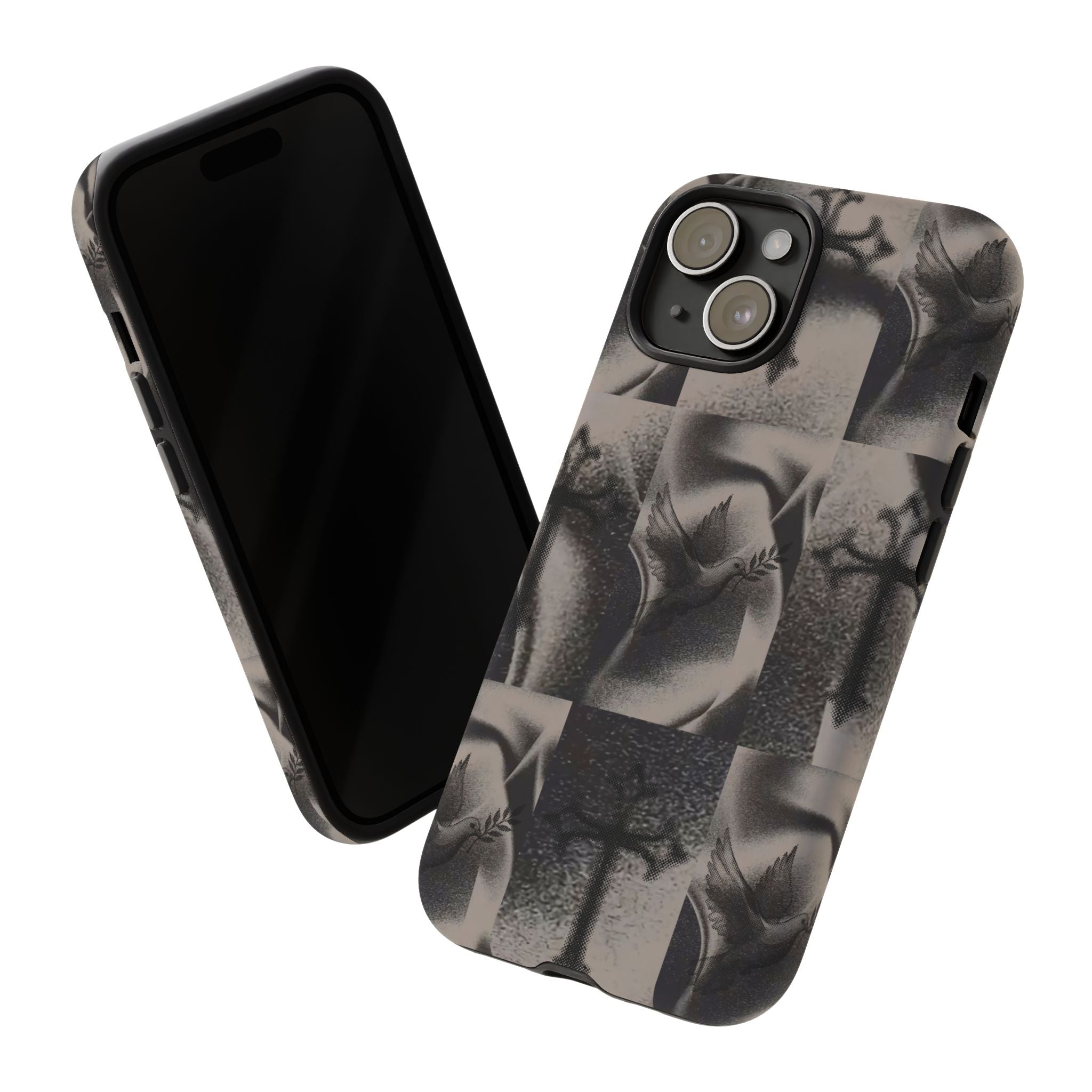 Gothic Cross & Dove Phone Case — Moody Checkerboard Protective Case