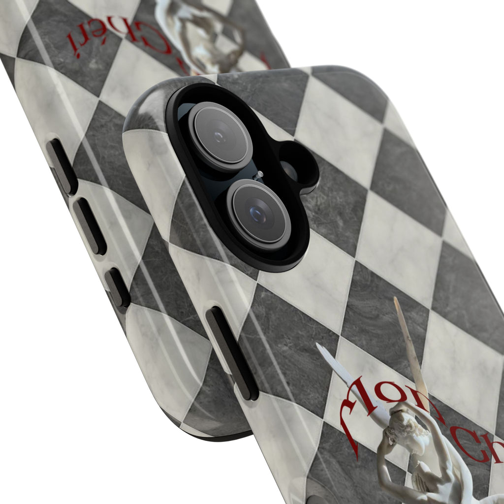 Phone Case — Vintage Harlequin Design with 'Mon Cheri' Statue Accent