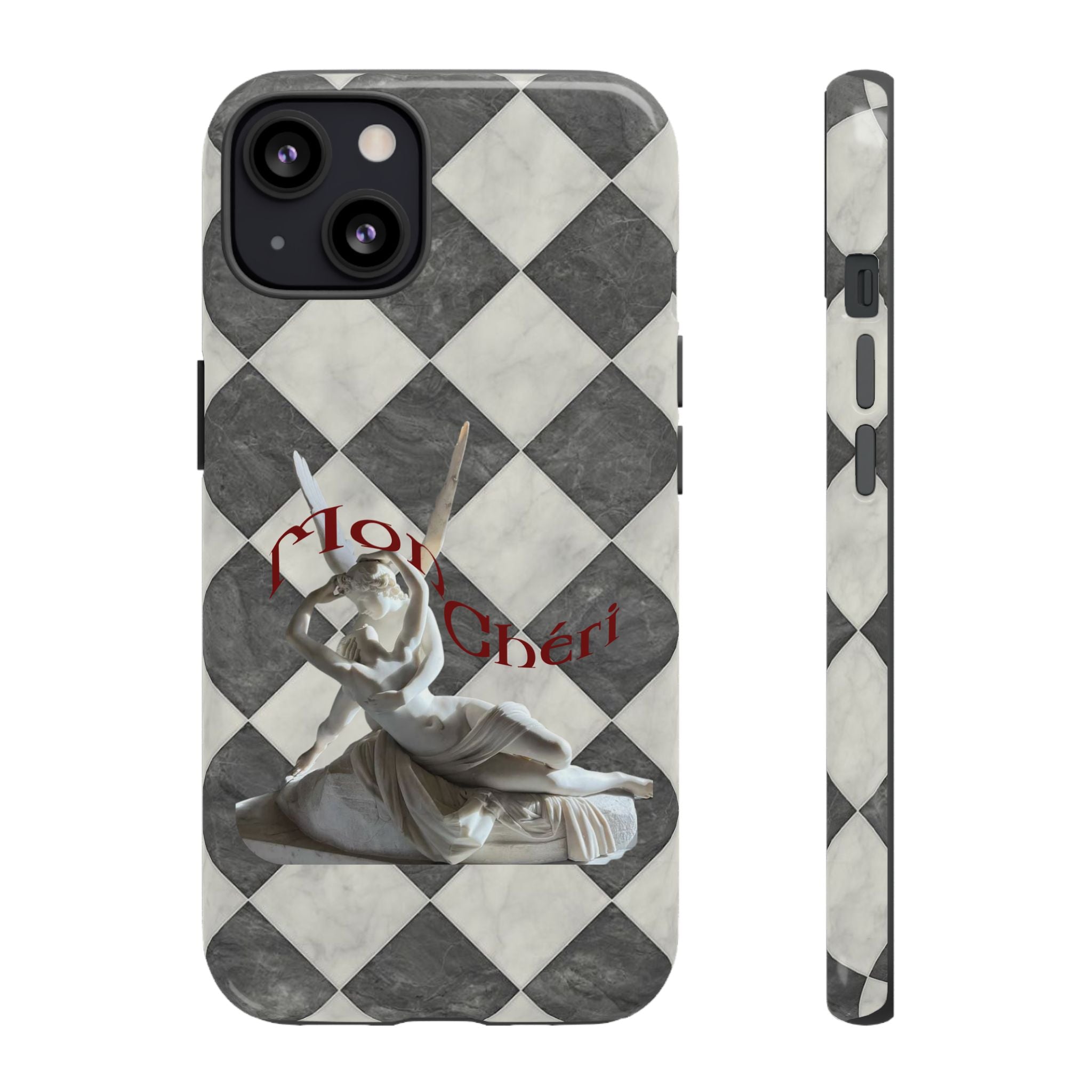 Phone Case — Vintage Harlequin Design with 'Mon Cheri' Statue Accent