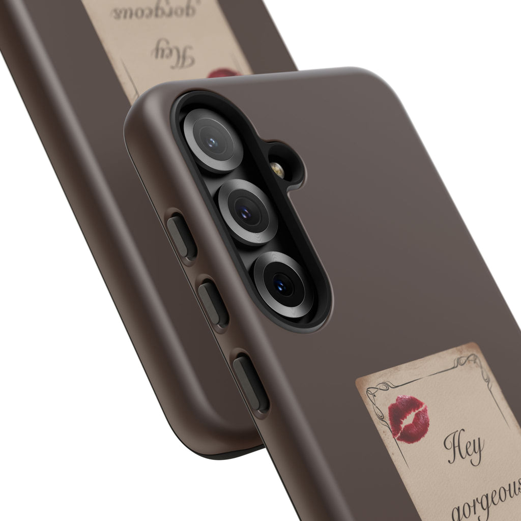 Hey Gorgeous Phone Case — Brown Lip Print & Shadow Hand Protective Cover