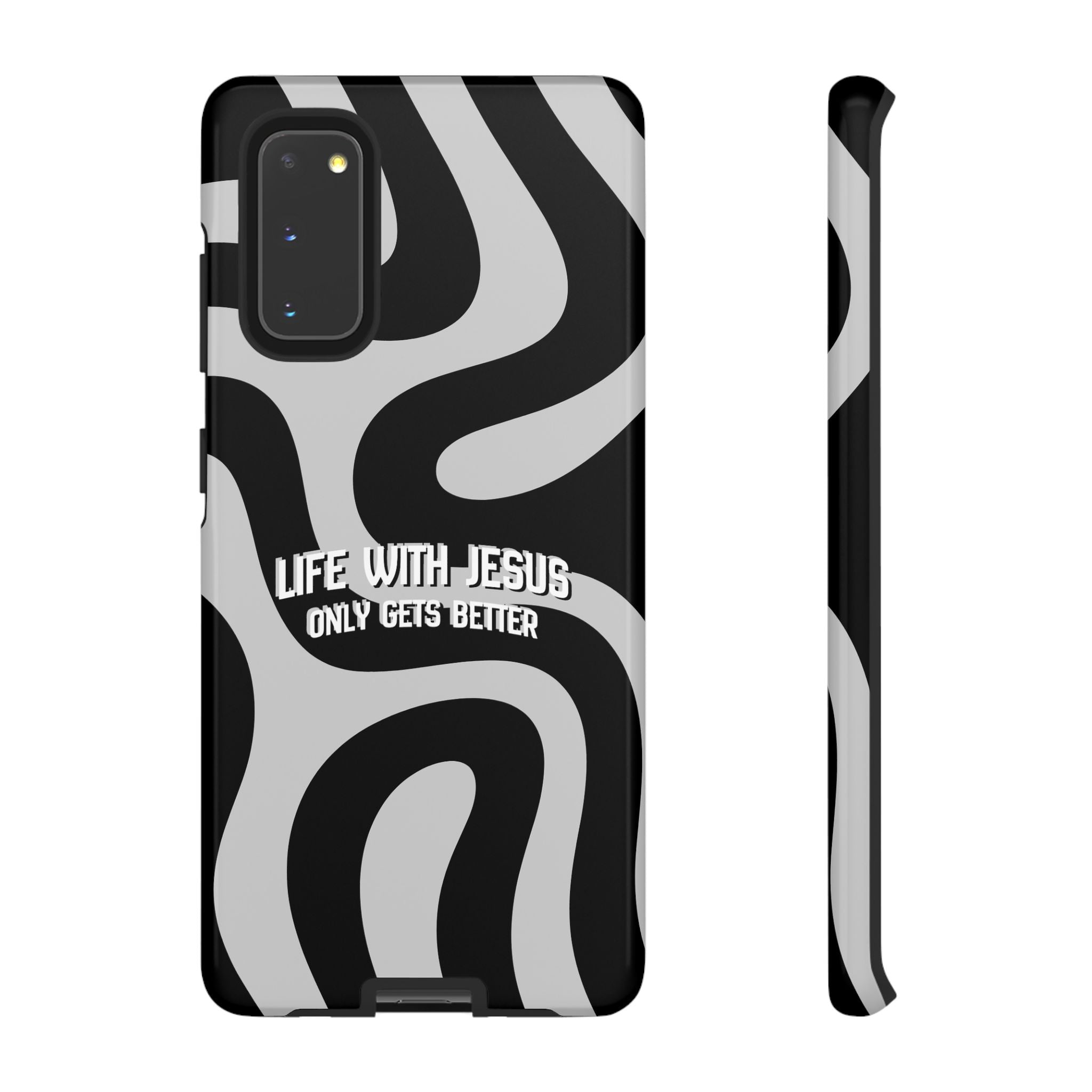 Christian iPhone Tough Case — "Life With Jesus Only Gets Better" Black & White Swirl Design