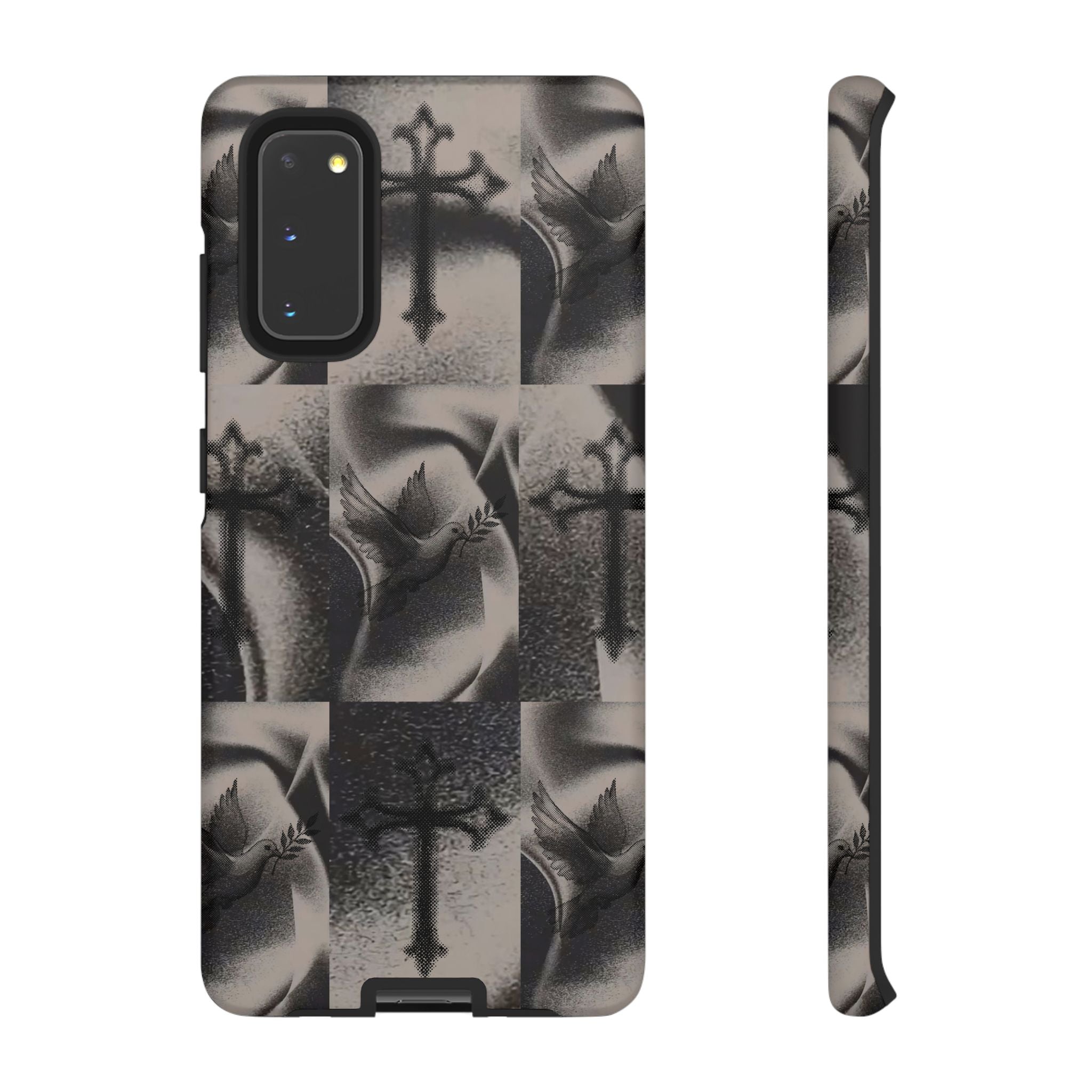 Gothic Cross & Dove Phone Case — Moody Checkerboard Protective Case