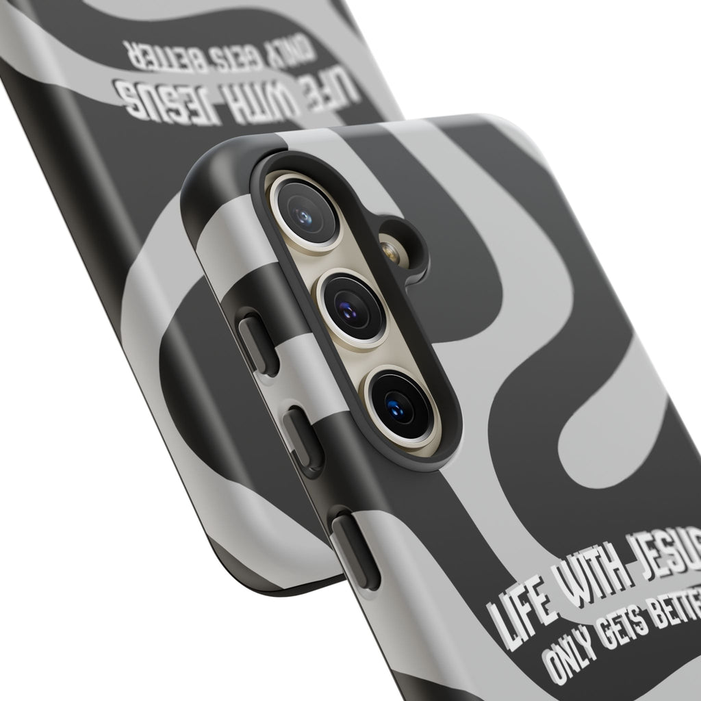 Christian iPhone Tough Case — "Life With Jesus Only Gets Better" Black & White Swirl Design