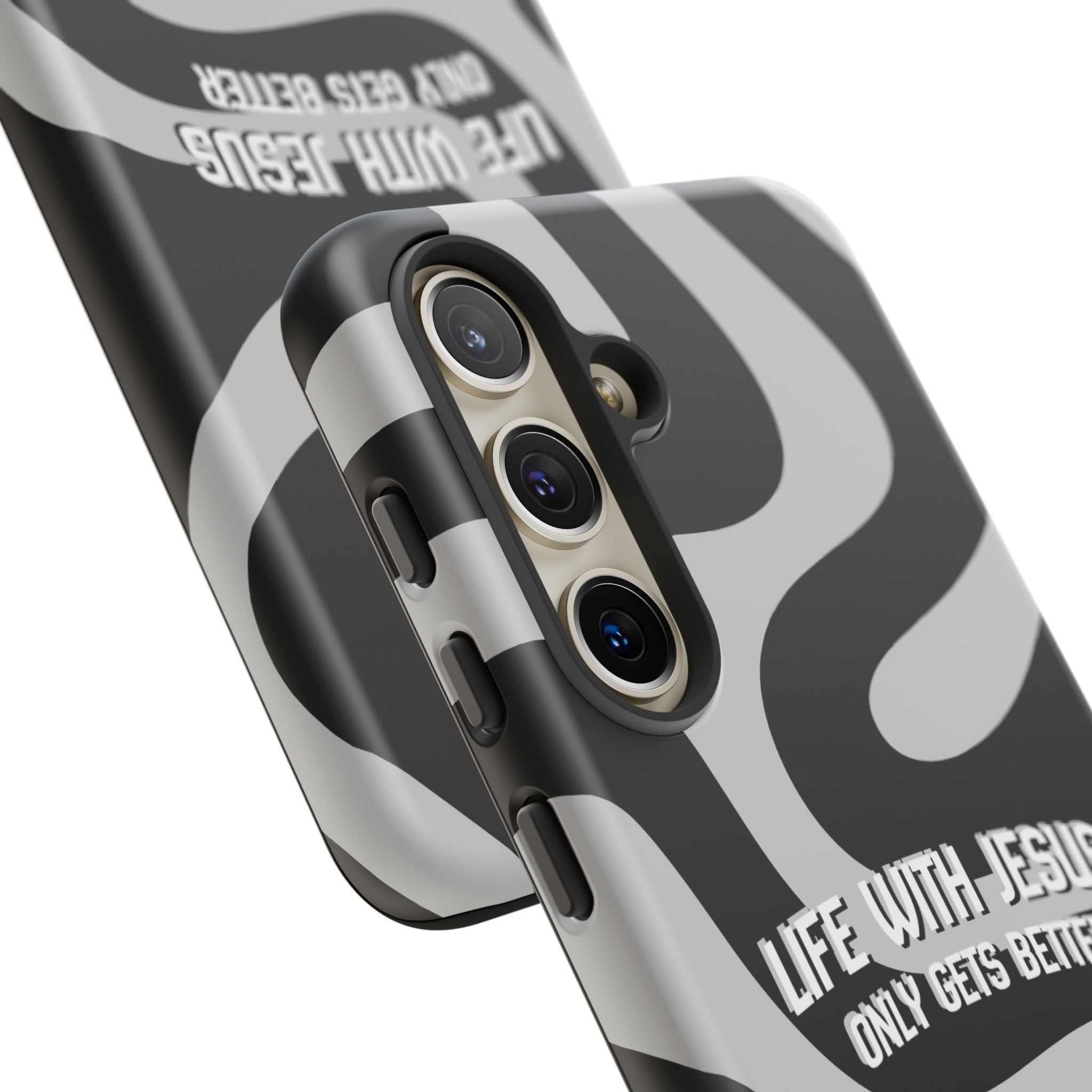 Christian iPhone Tough Case — "Life With Jesus Only Gets Better" Black & White Swirl Design